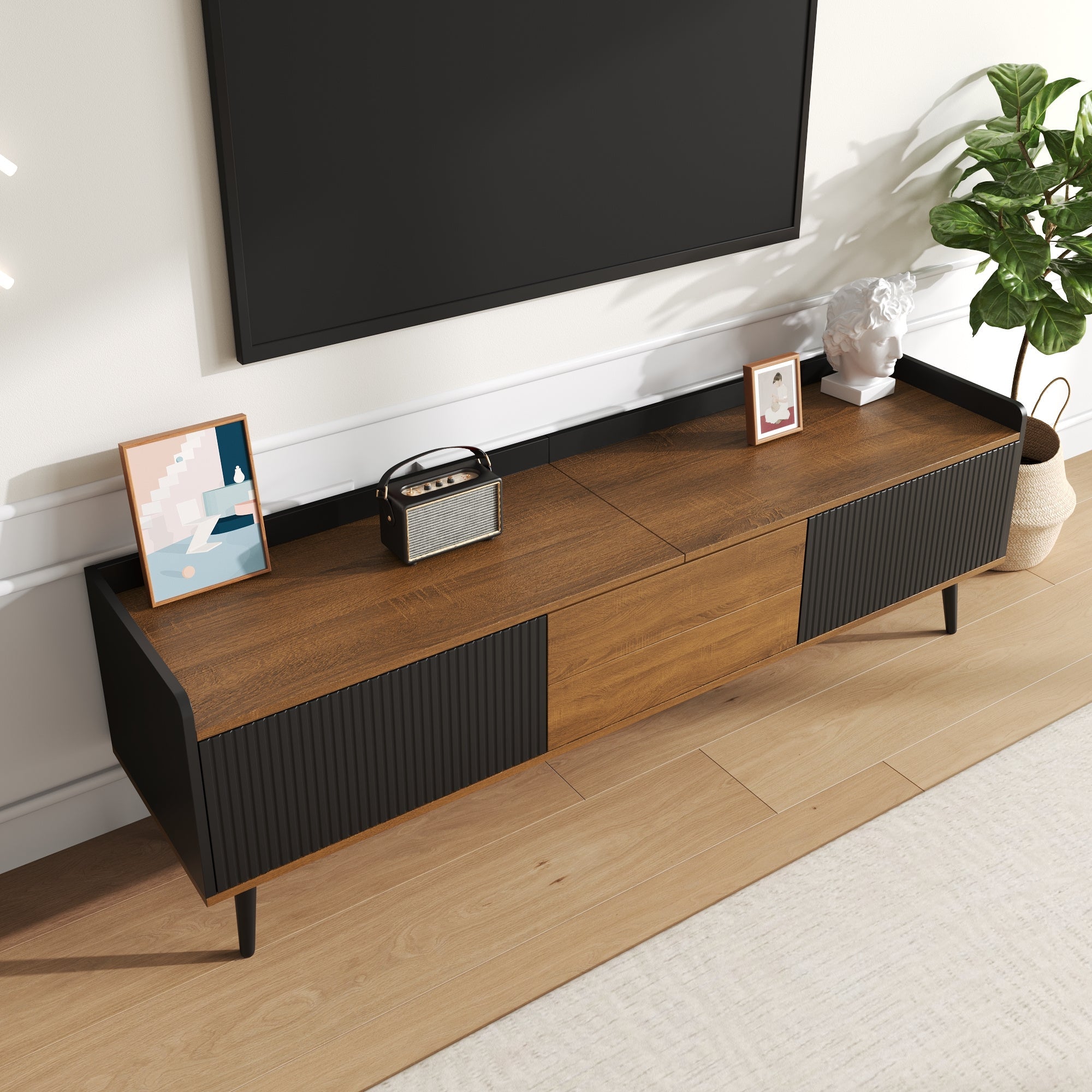 TV Cabinet Three-Door Base Cabinet, Compact Design, Black and Natural Wood