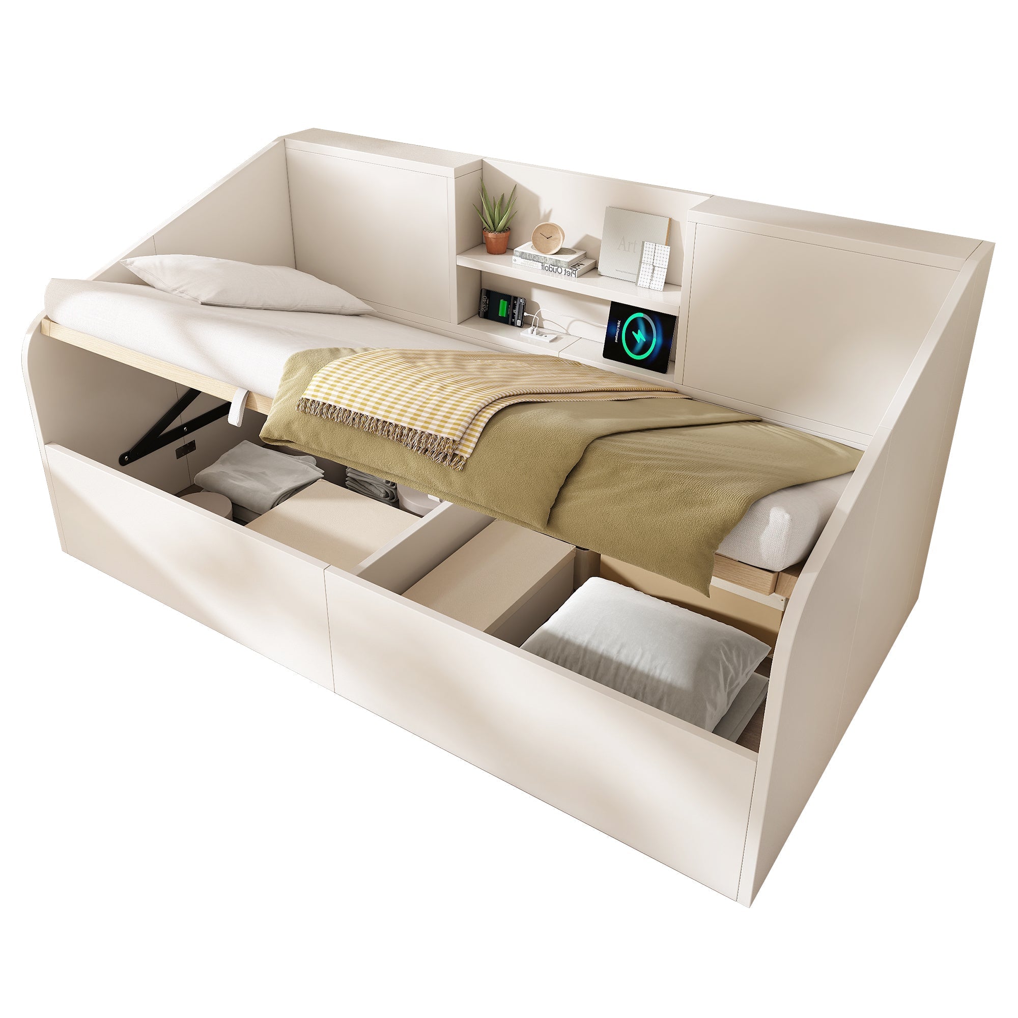 Daybed 90x200cm Hydraulic Storage USB/Type-C Charging - White Wood