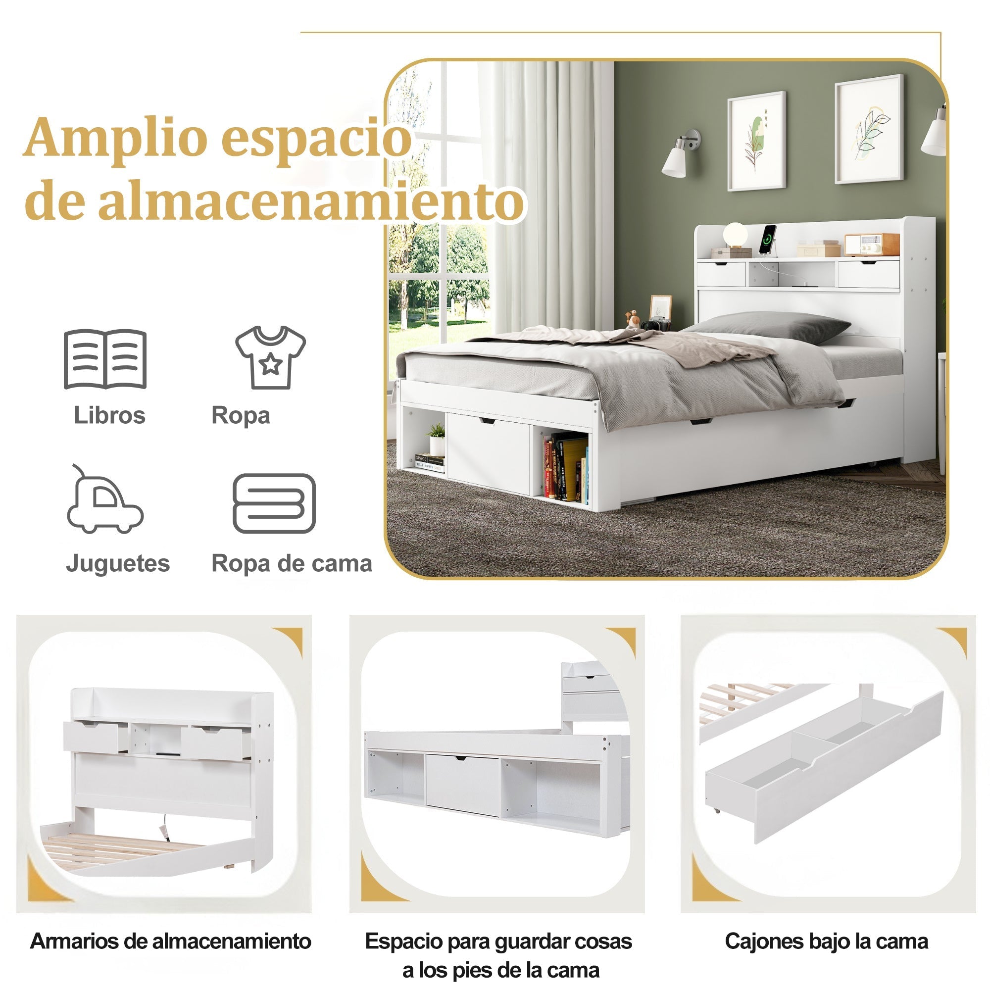 Multifunction Double Bed 135x190cm USB Port Drawers Storage - White