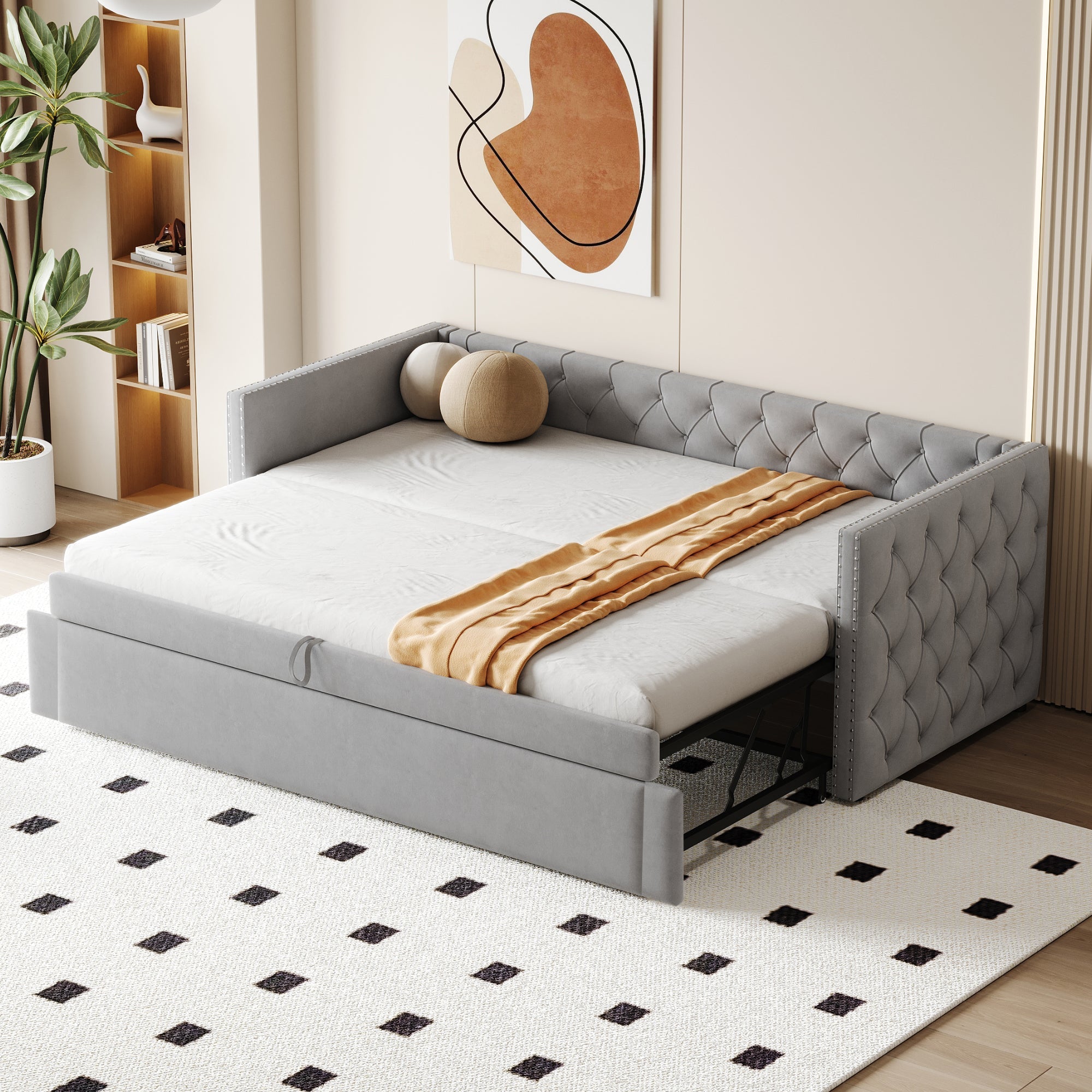 Upholstered Bed, Pull-Out Sofa Bed, 90x200cm, Classic, Guest Bed, Light Grey Velvet