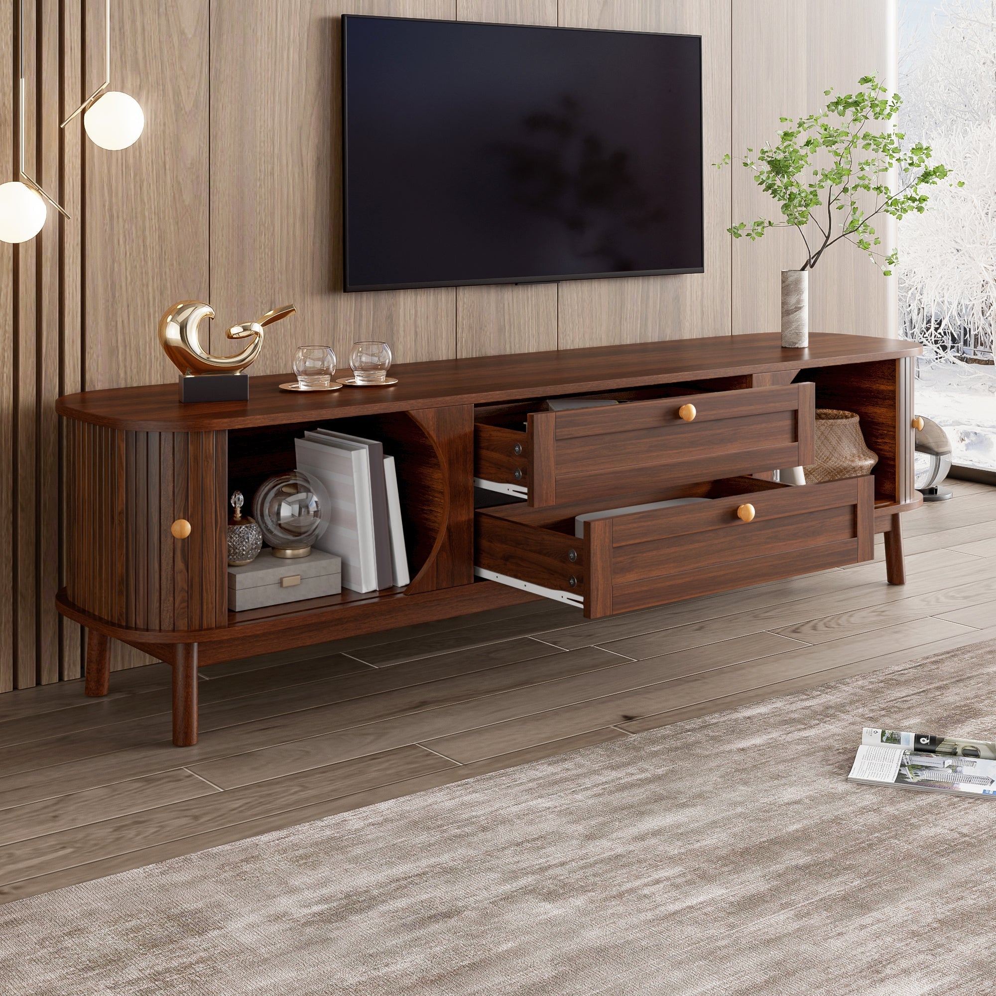 Modern TV Cabinet with Drawers, Storage, & Rounded Corners, Wood Look