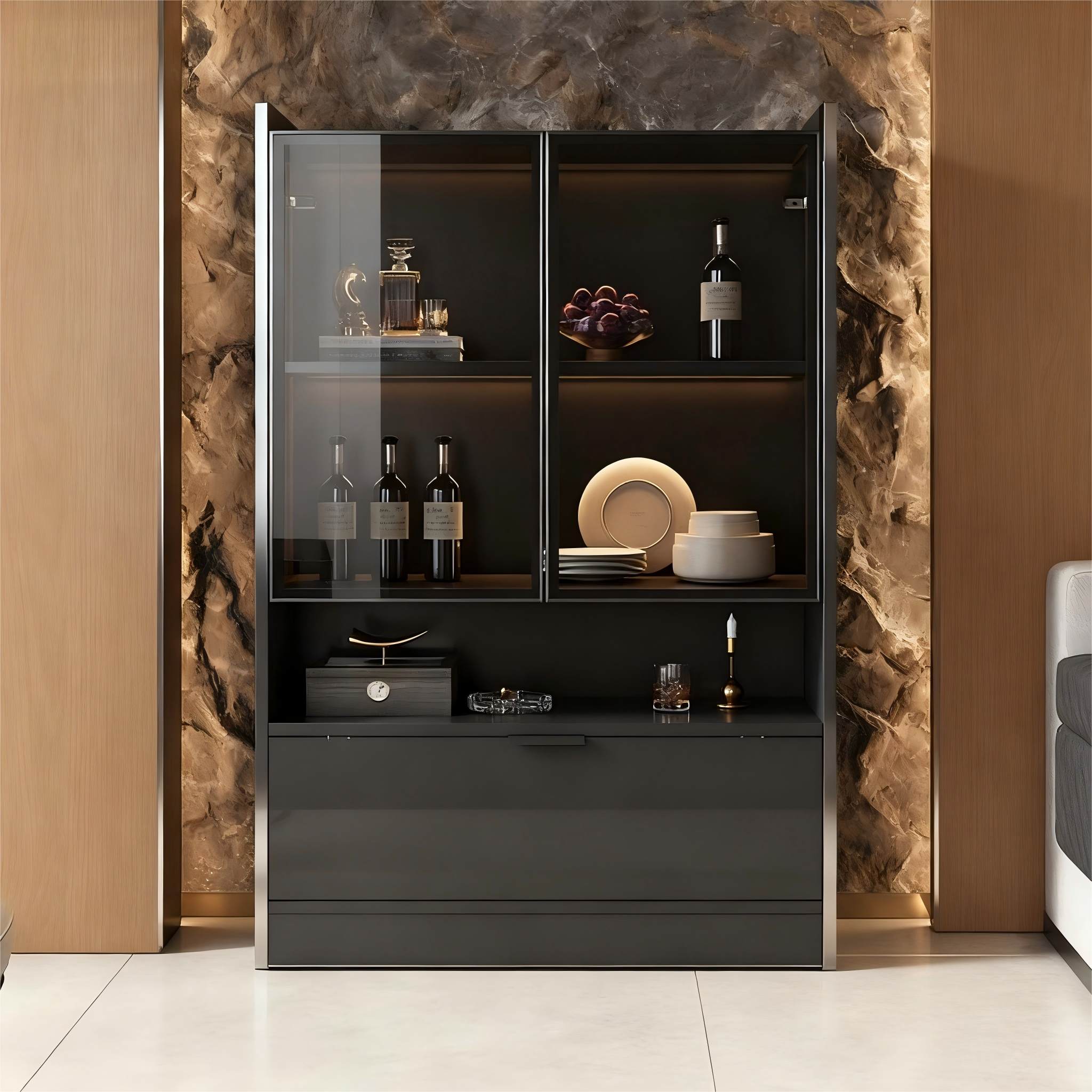 Modern LED Display Cabinet 120cm High 16-Color Lighting Glass Doors, Matte Black Chipboard