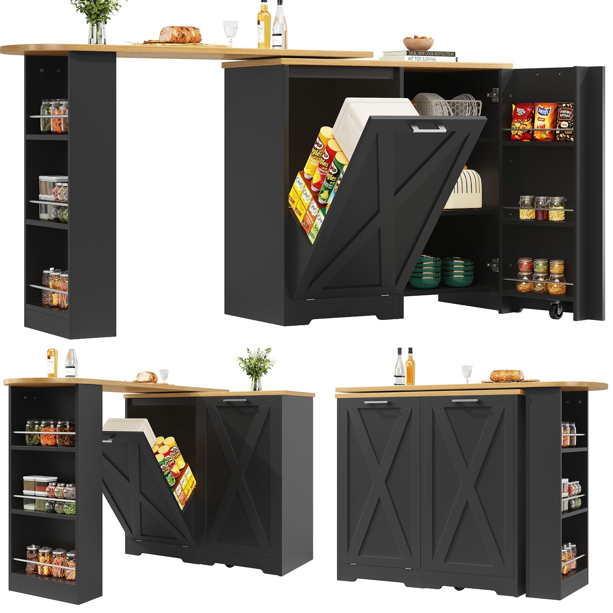360° Rotating Breakfast Bar with Multifunctional Storage and Side Shelves, Black