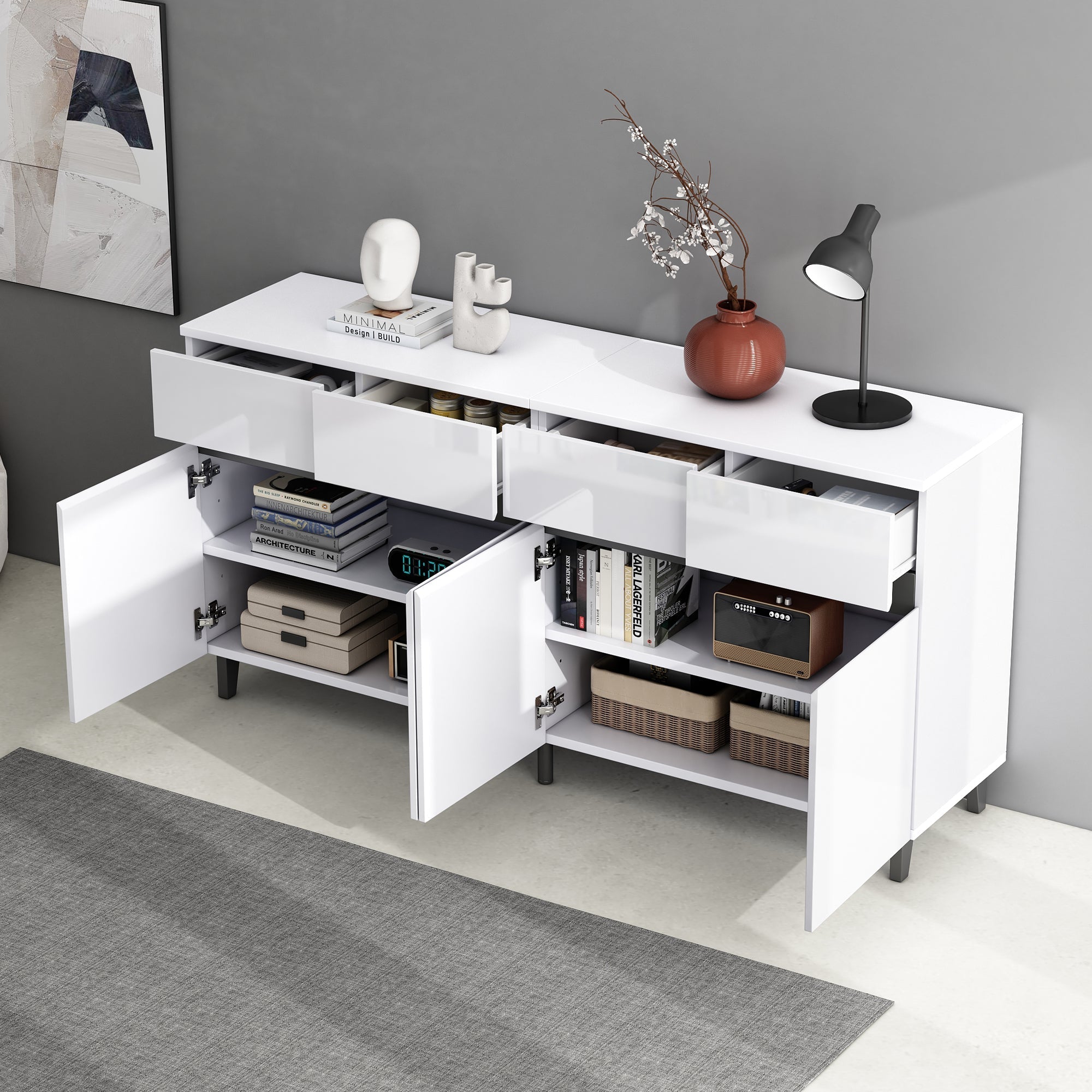 Storage Cabinet Buffet, 4 Doors 4 Drawers Adjustable Shelves, White