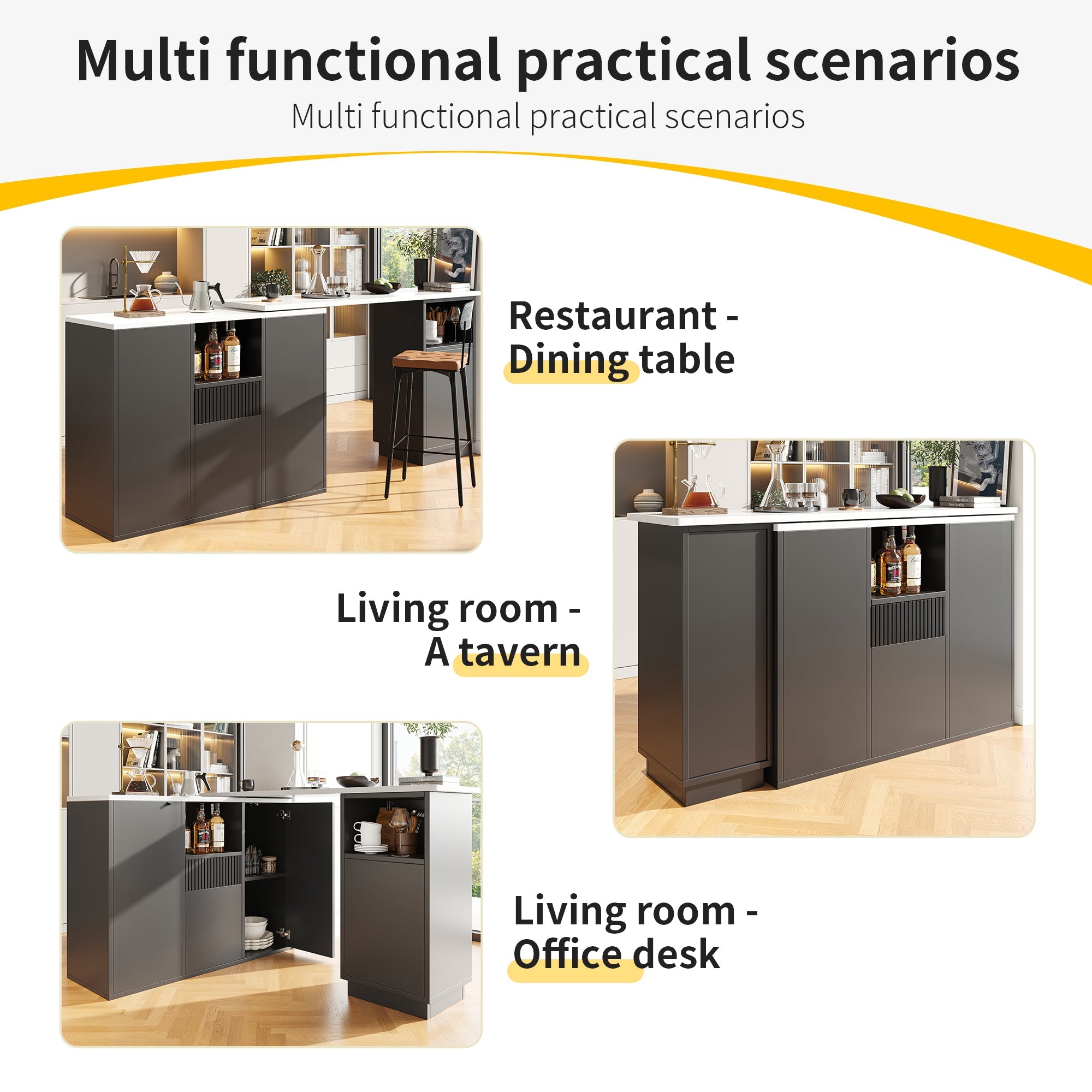Bar Table 360° Rotating, Open Storage, Multifunctional Island, Black/Marble