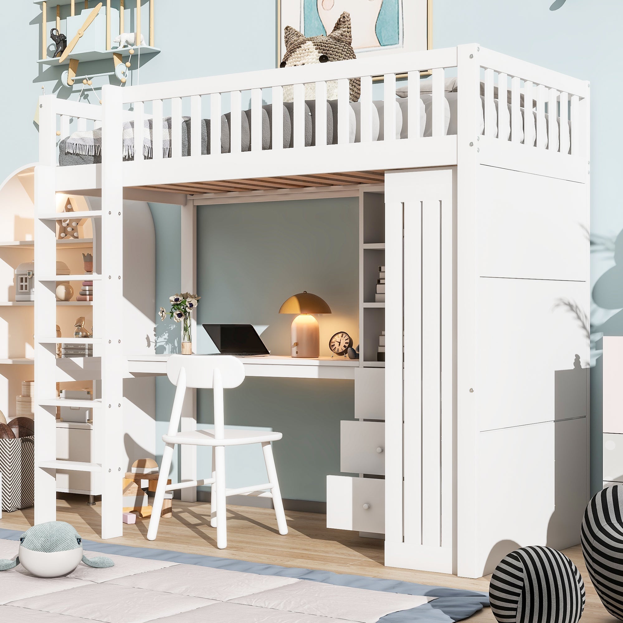 Loft Bed 90x200cm Desk Wardrobe 3 Drawers Stairs - White