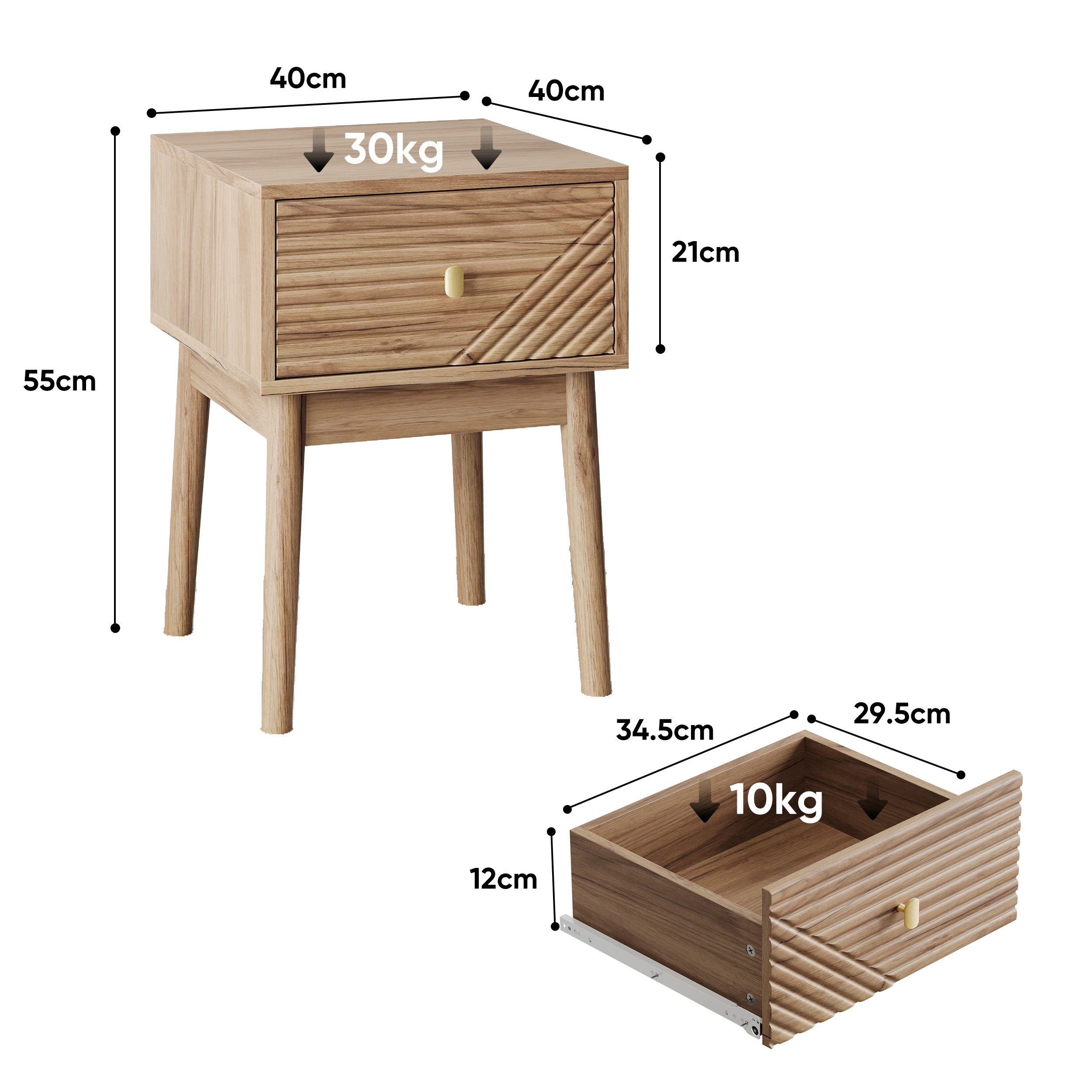Nightstand Set of 2, Mid-Century Modern Metal Handles 40x40x55cm, Oak-Colored