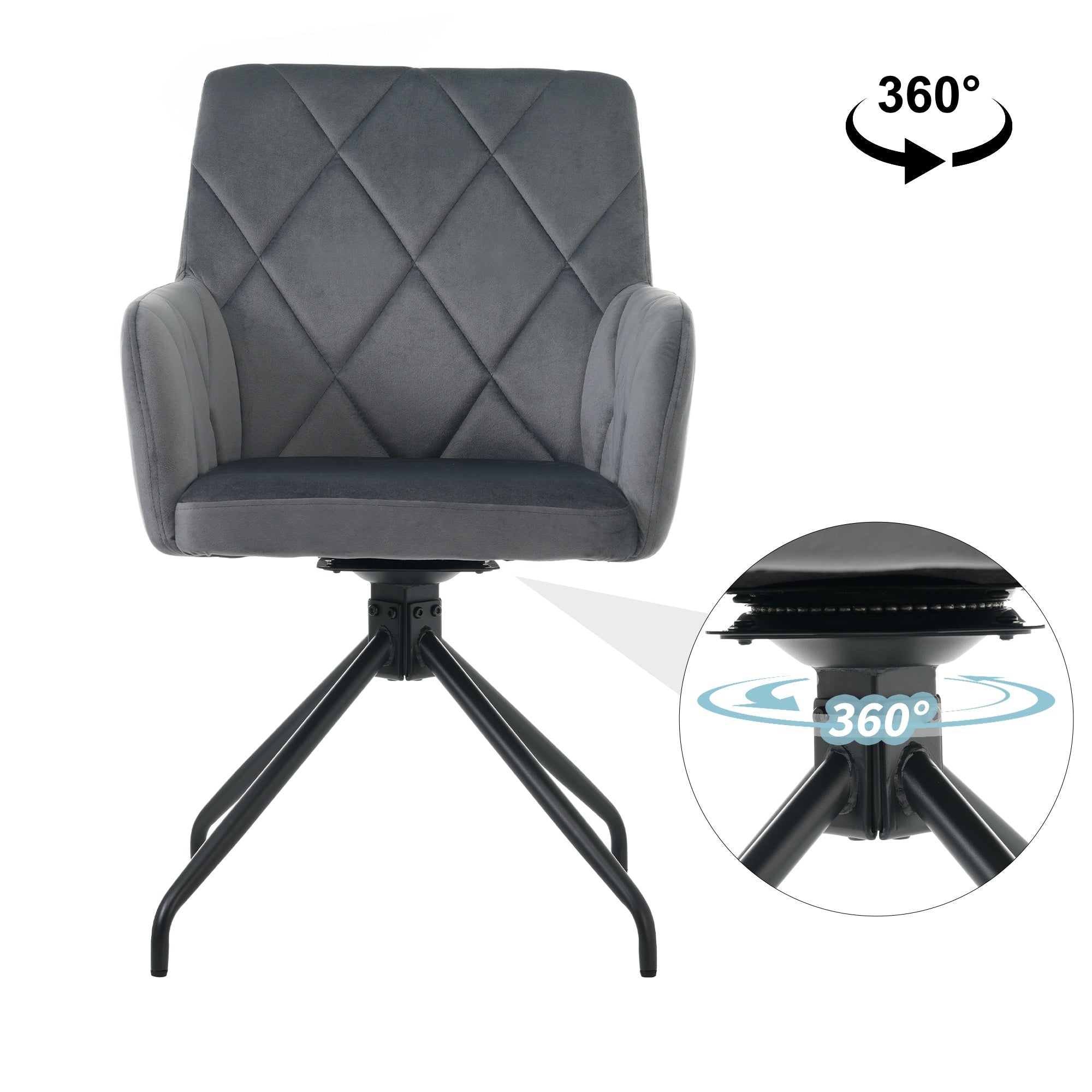 Set of 2 Swivel Dining Chairs Upholstered Diamond Pattern Lumbar Support Anthracite Velvet