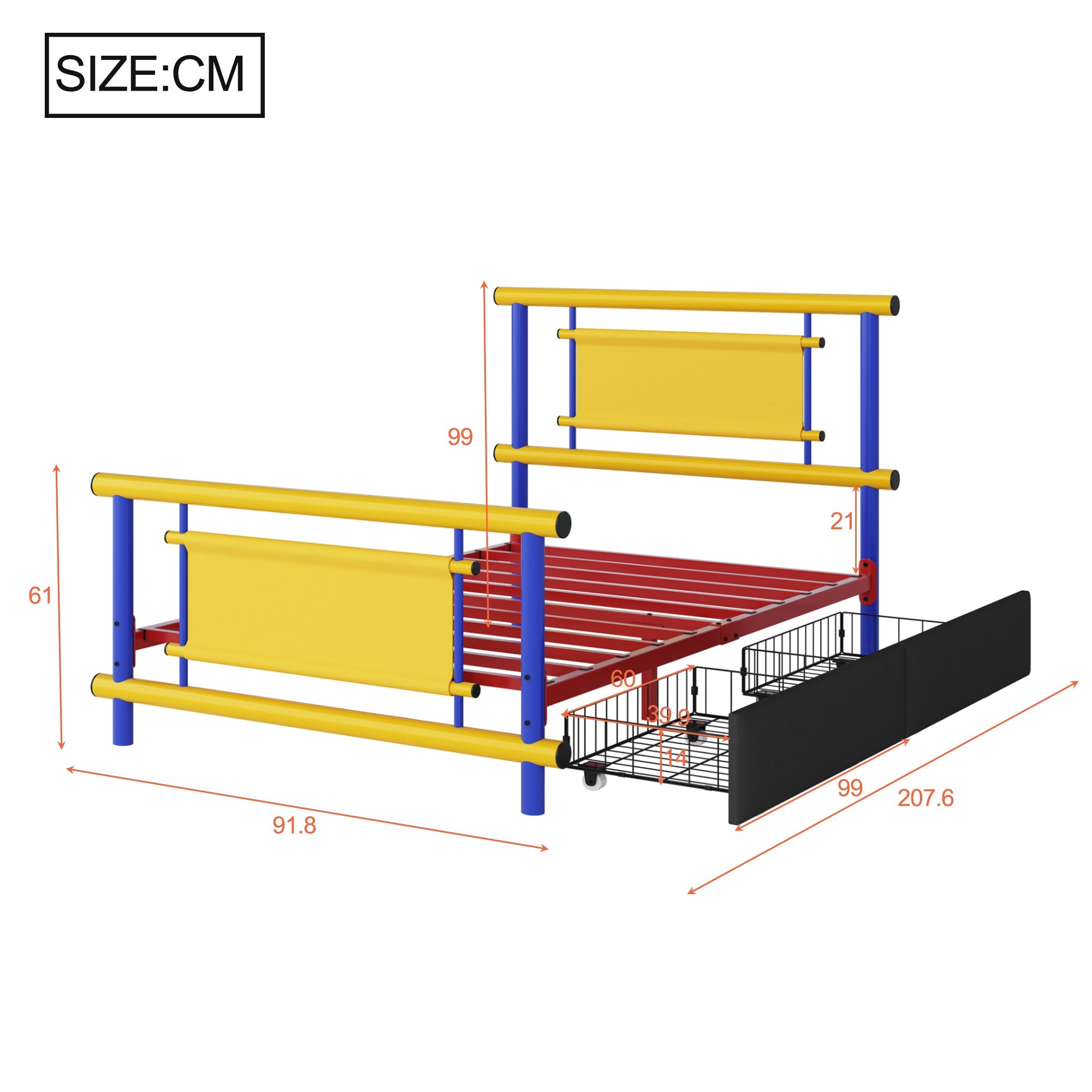 Metal Bed Frame for Children with Drawers, 90x200cm Space-Saving Platform Bed, Steel Construction