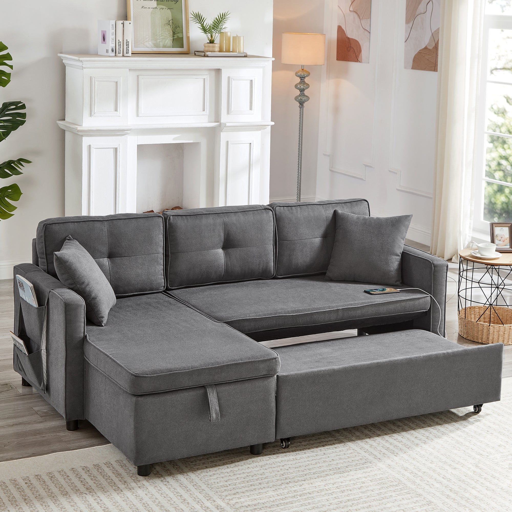 L-Shaped Pull Out Sleep Sofabed, Modern Reversible Sleeper Sectional Sofa with Storage Chaise, Drop-Down Table, Cup Holders and Charging Ports, Grey