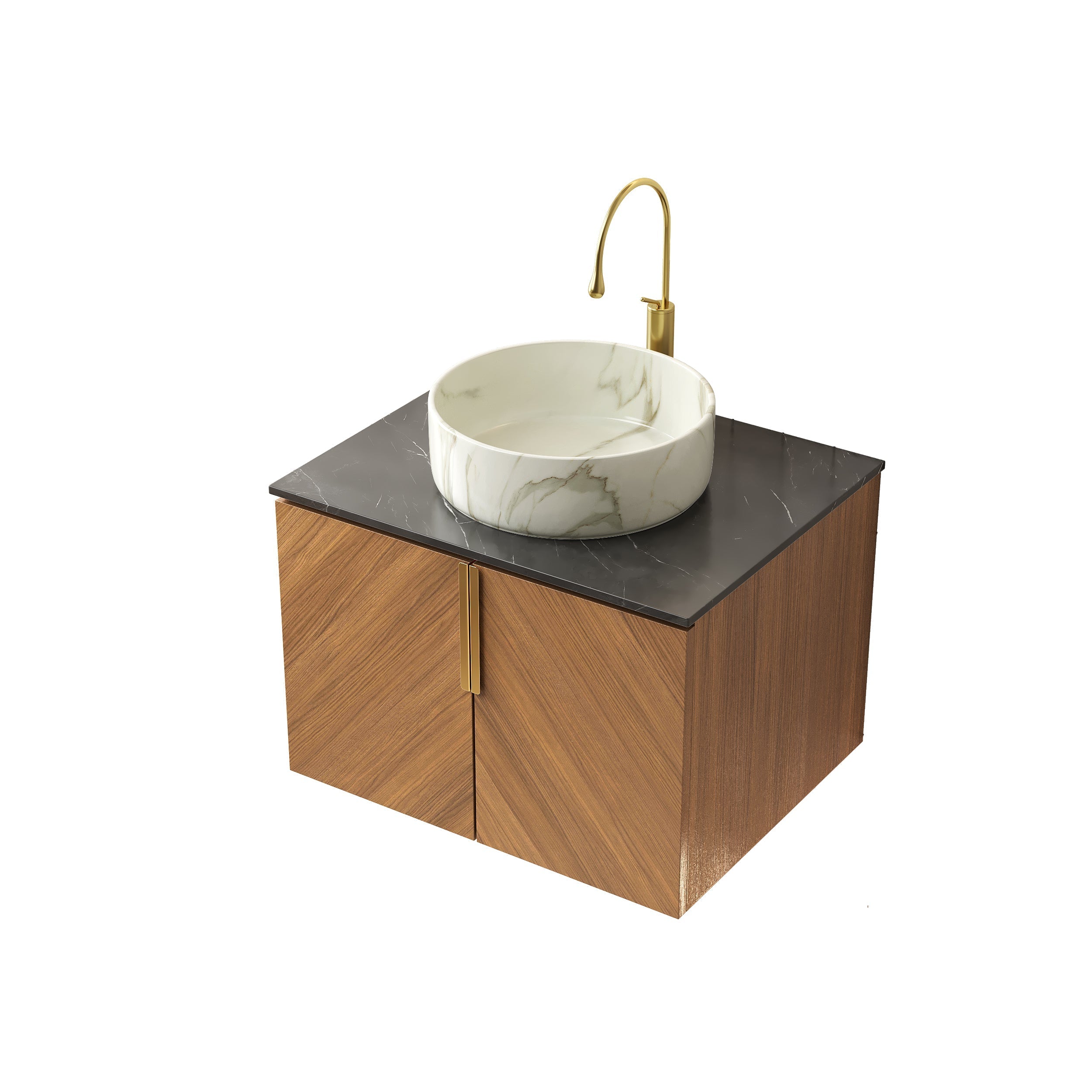 ARAI 61cm Wall Mounted Bathroom Vanity Unit with White Ceramic Basin, Black Sintered Stone Countertop, Plywood