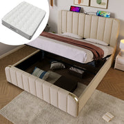Upholstered Bed with Double Padded Headboard, USB Type-C and Hydraulic Storage, 180x200cm, Beige Linen with Mattress