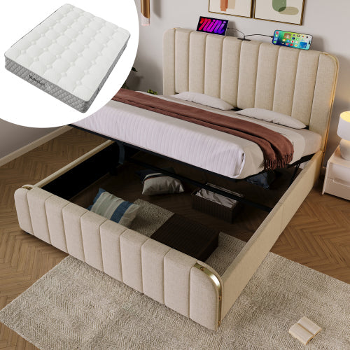 Upholstered Bed with Double Padded Headboard, USB Type-C and Hydraulic Storage, 180x200cm, Beige Linen with Mattress