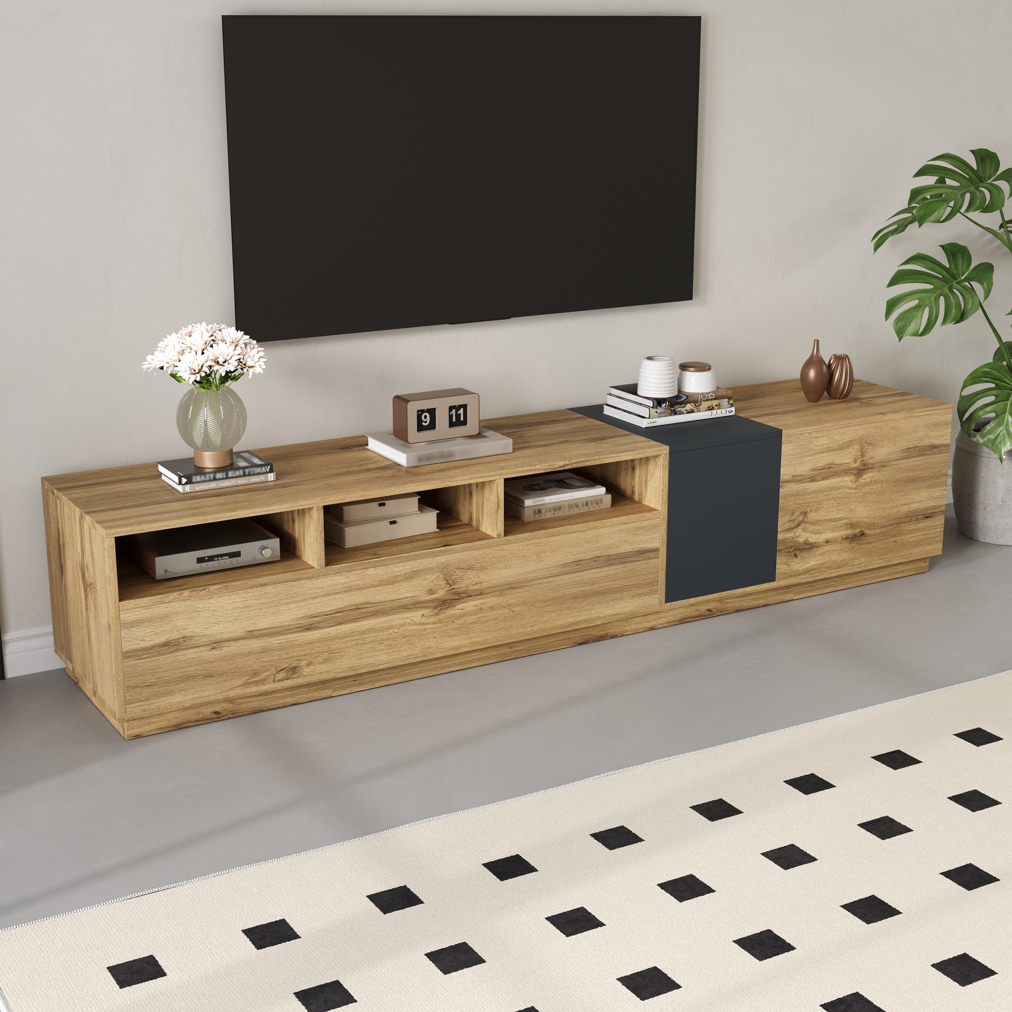 TV Stand, Modern Contrasting, 200cm, Black-Gray and Wood