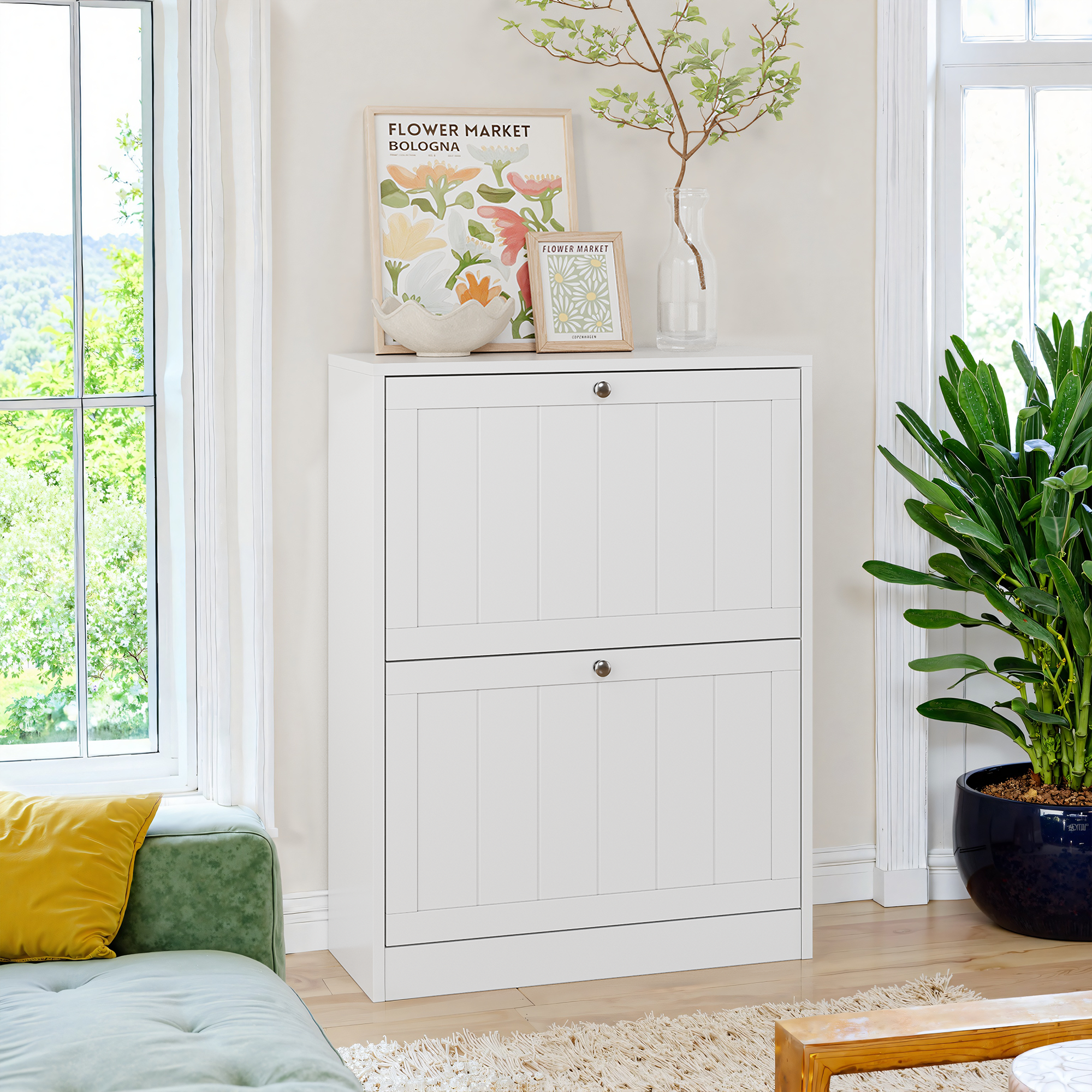 Shoe Cabinet 60cm Mid-Century Modern Freestanding 2 Drop-Down Drawers - White