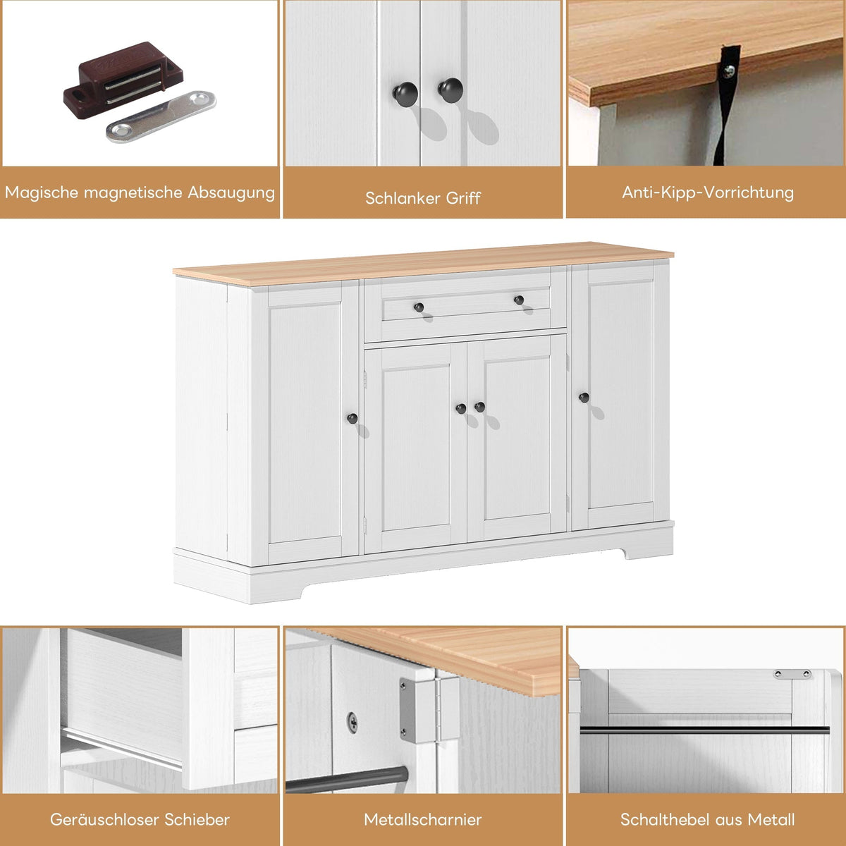 Multifunctional Kitchen Buffet 138cm Drawer Adjustable Shelves