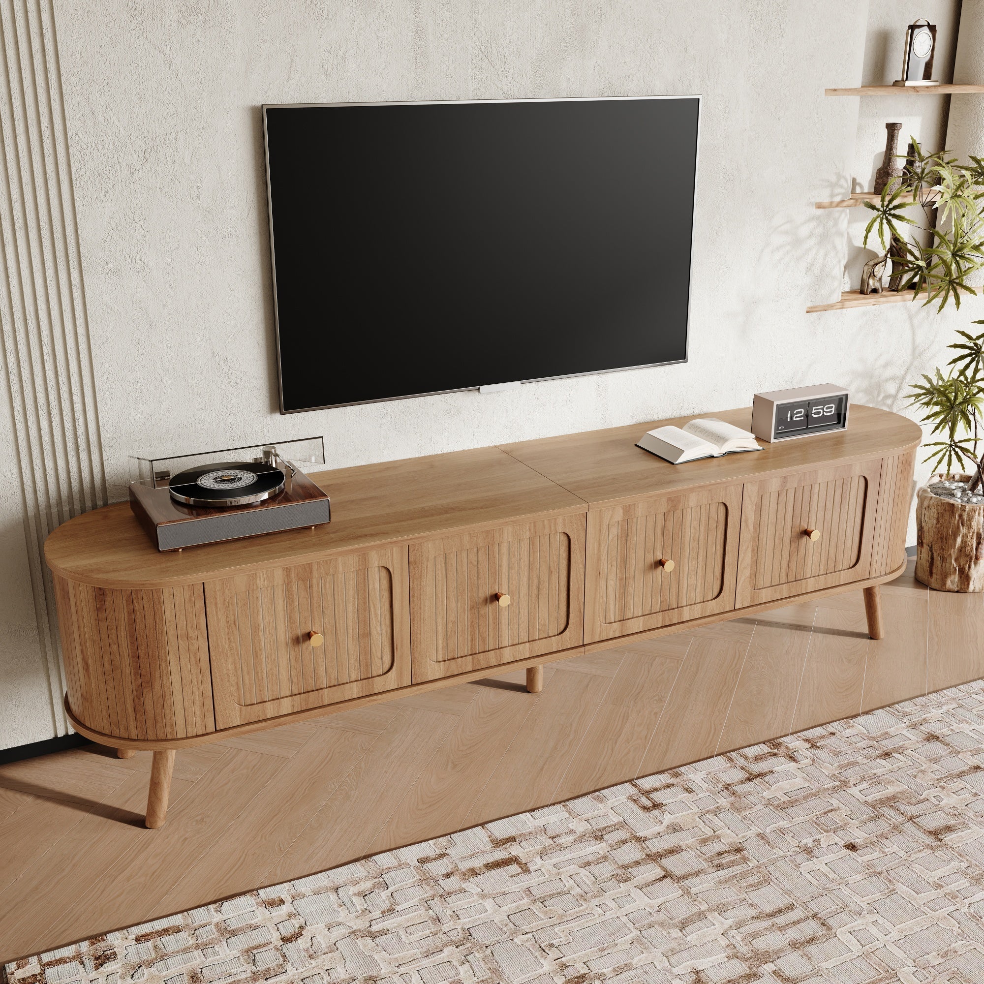 Modern TV Cabinet with 4 Doors and Gold Handles, Oak finish