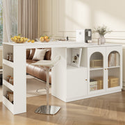 Bar Table, 360° Rotating Dining & Storage Cabinet with Glass Door, White