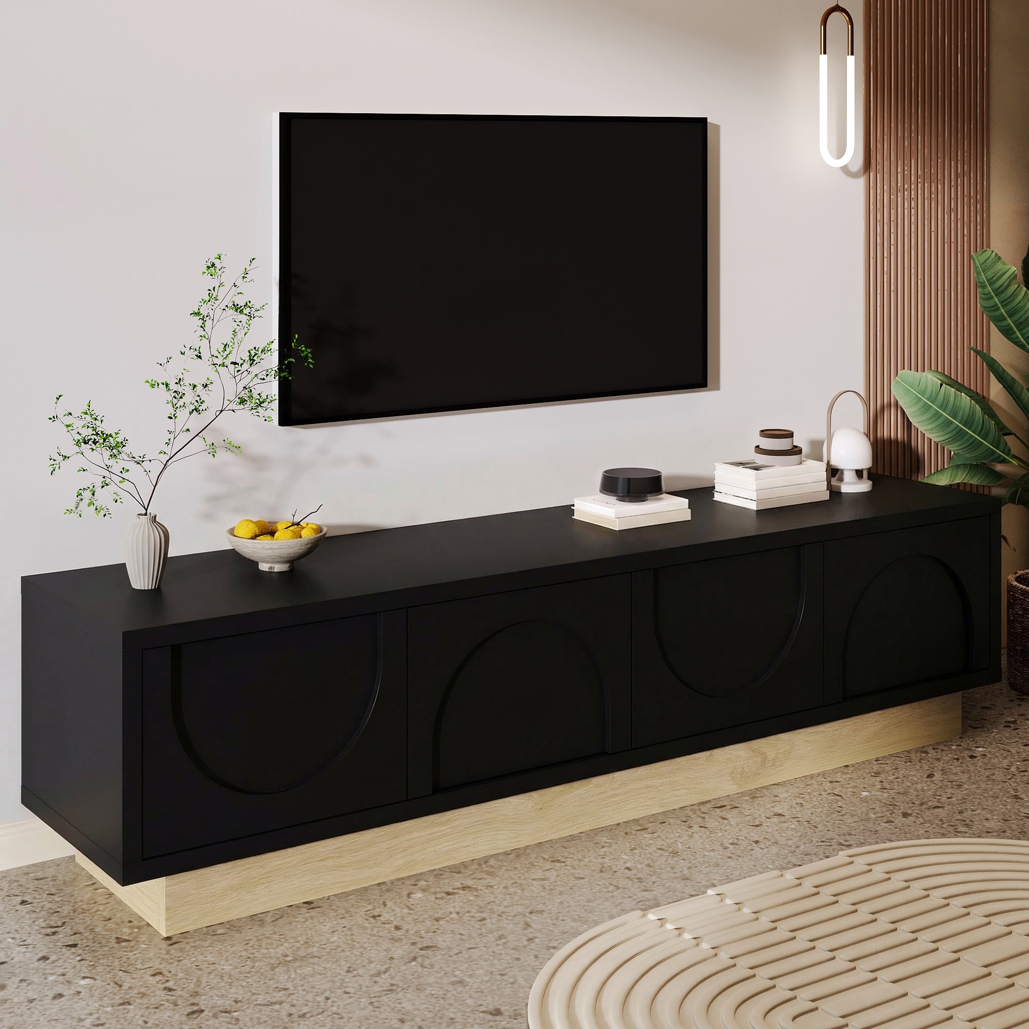 TV Stand with Storage and Cable Management, 175cm, Black Wood Grain