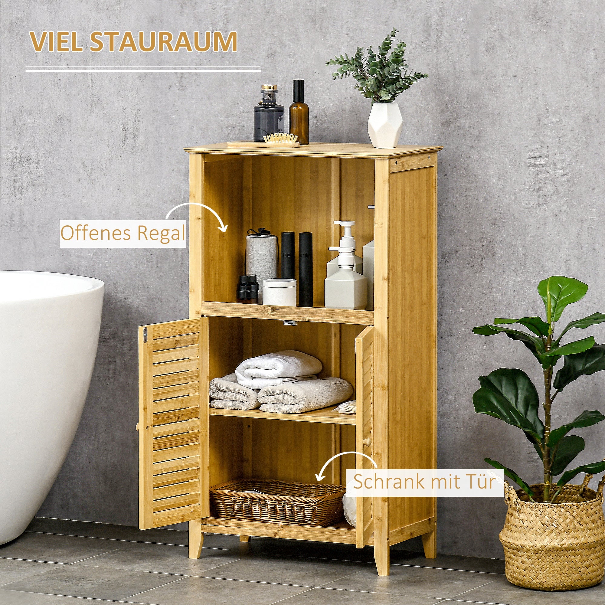 Bathroom Cabinet Freestanding Open Shelf 50x25.5x92cm Bamboo Natural
