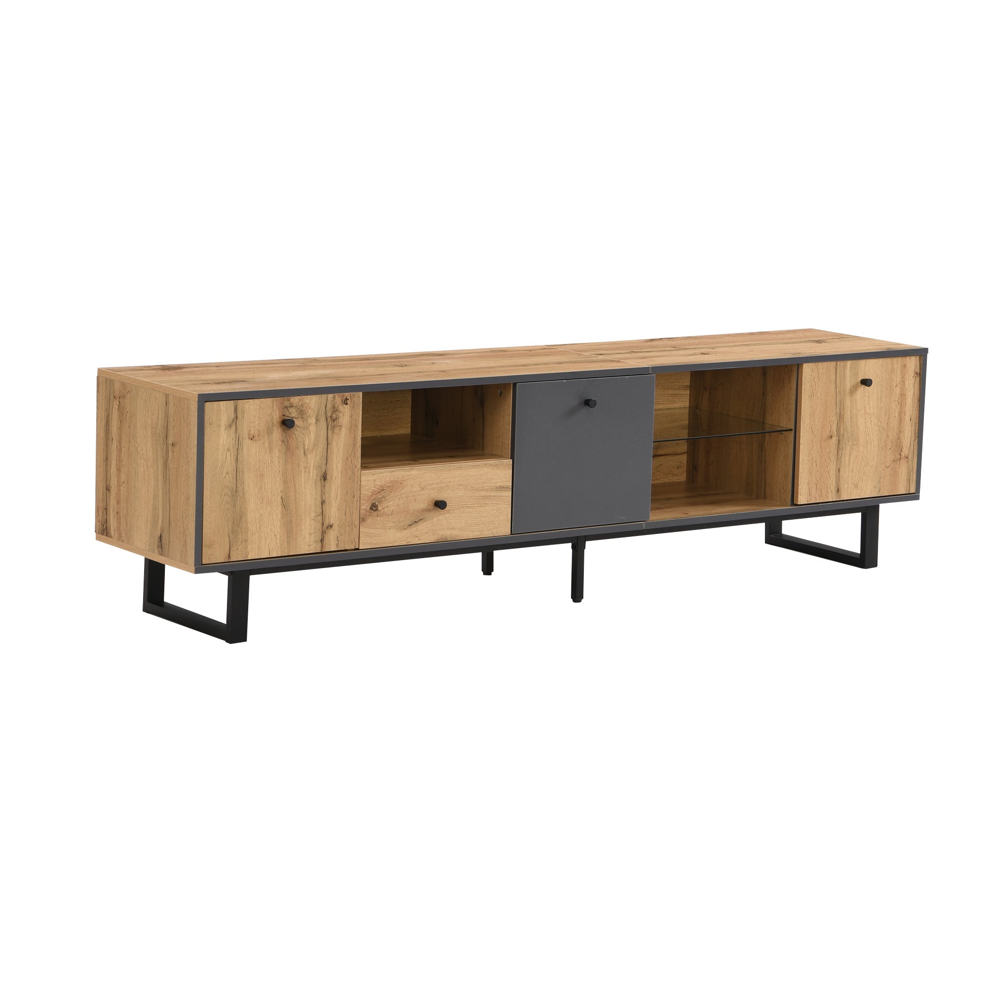 Lowboard TV Cabinet, LED Light & Glass Partition, Color-Matching Design