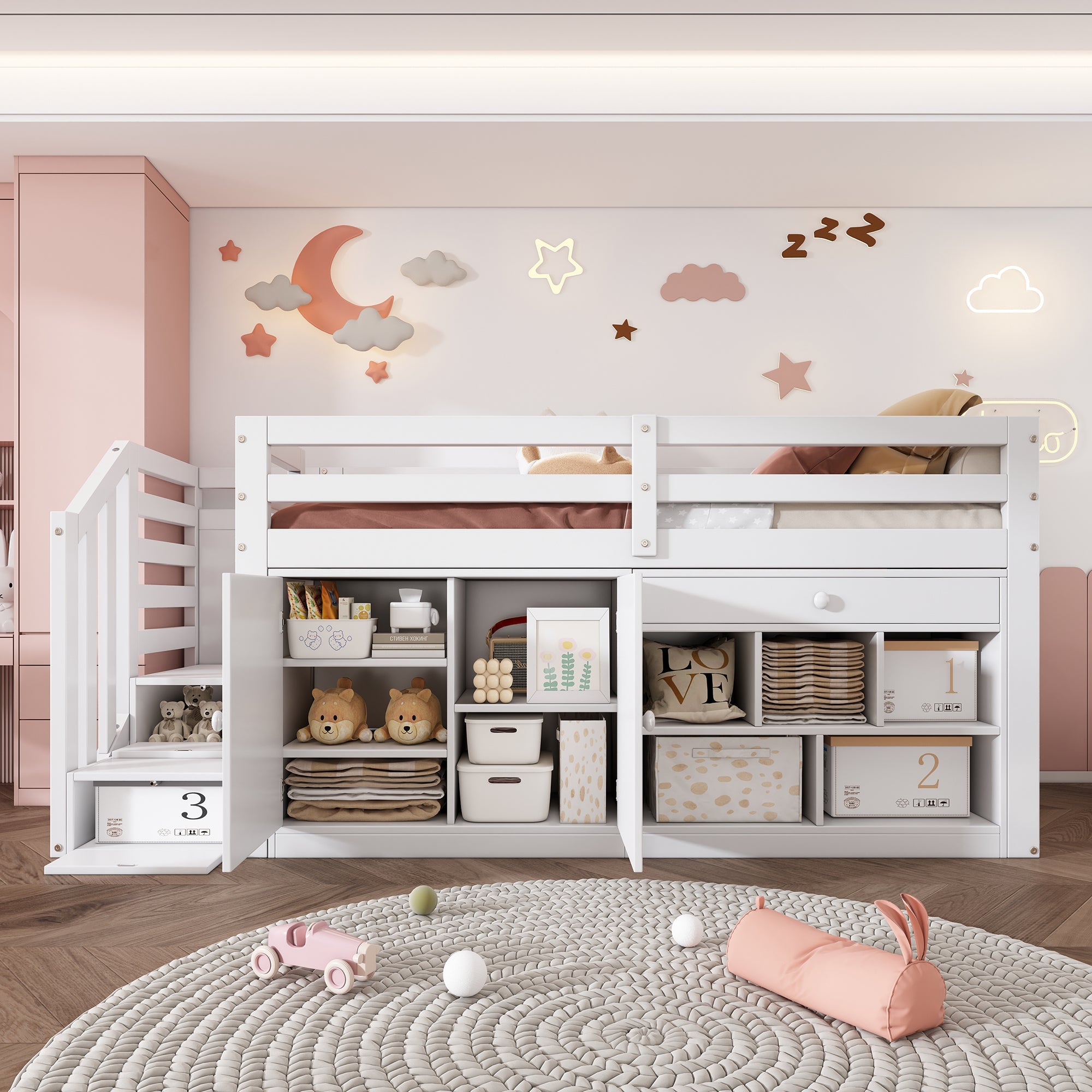 Multifunctional Children's Bed with Stairs, Storage and Reversible Desk, 90x200cm, White Wood