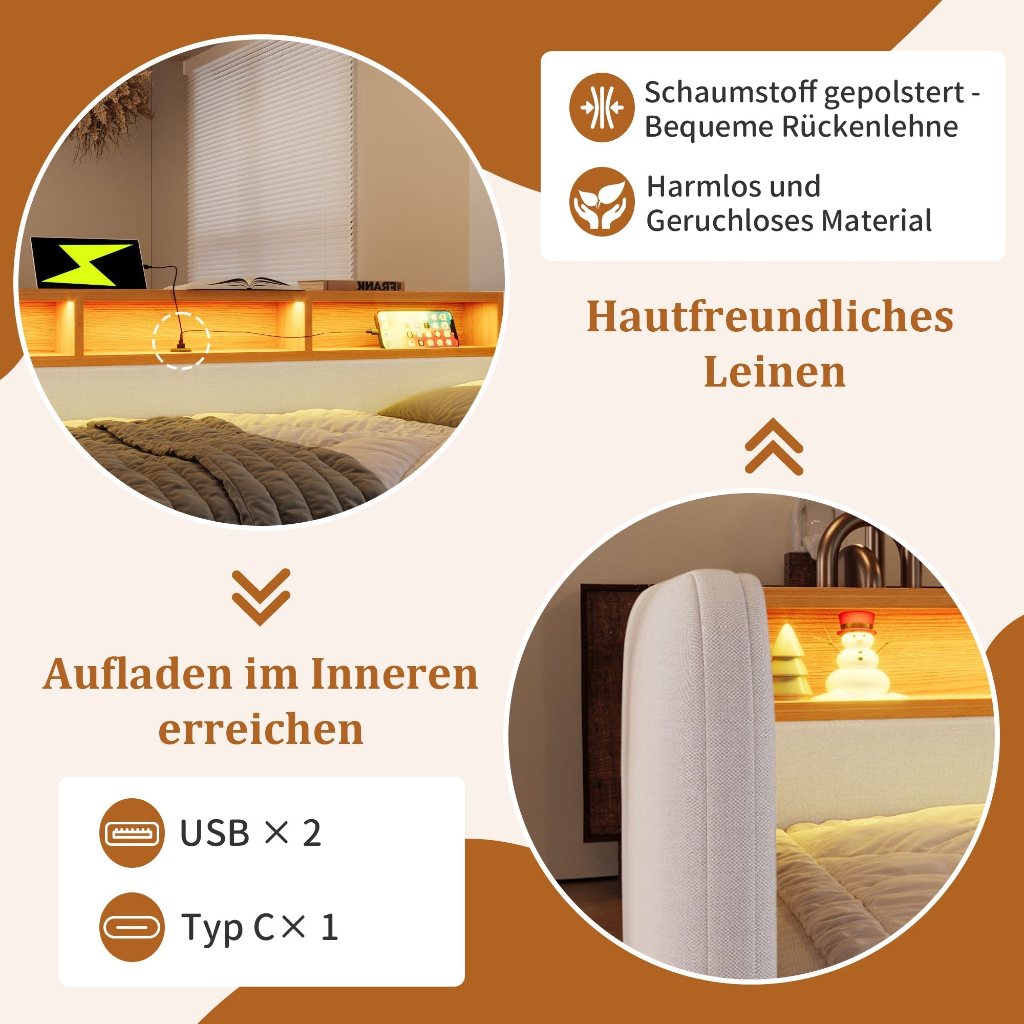 Daybed, 140x190 cm Upholstered Sofa Bed with LED, USB-C, Drawers & Storage Headboard, Light Beige Linen