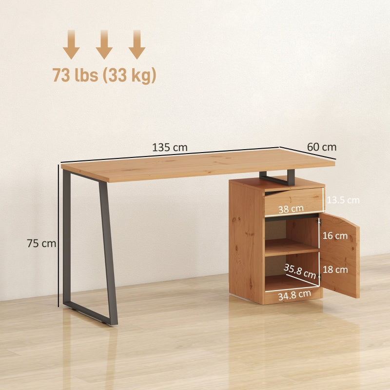 Computer Desk with Cabinet Drawer Metal Legs, Natural Wood Finish