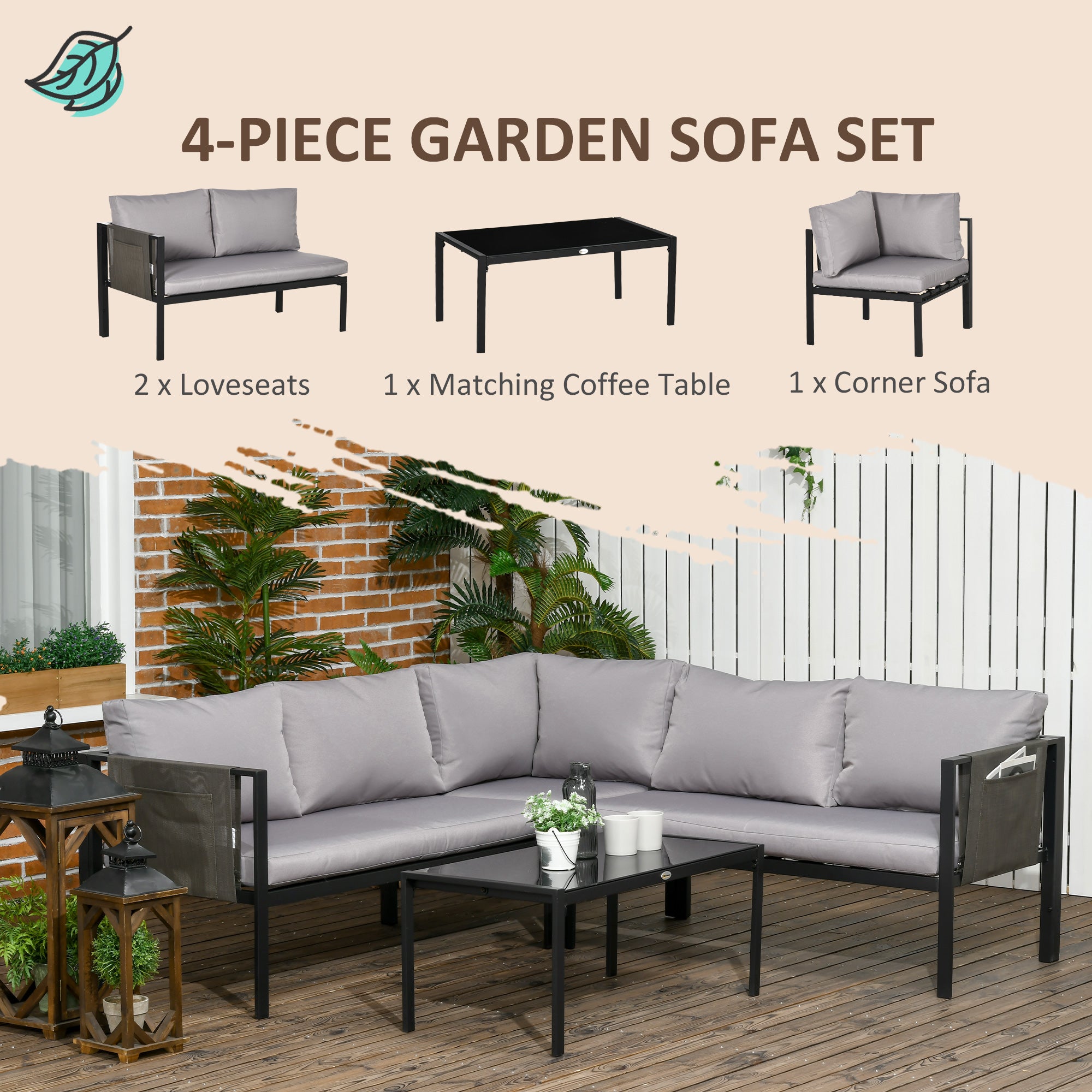 5 Seater Garden Corner Sofa Set 4 Piece Metal with Glass Table Light Grey