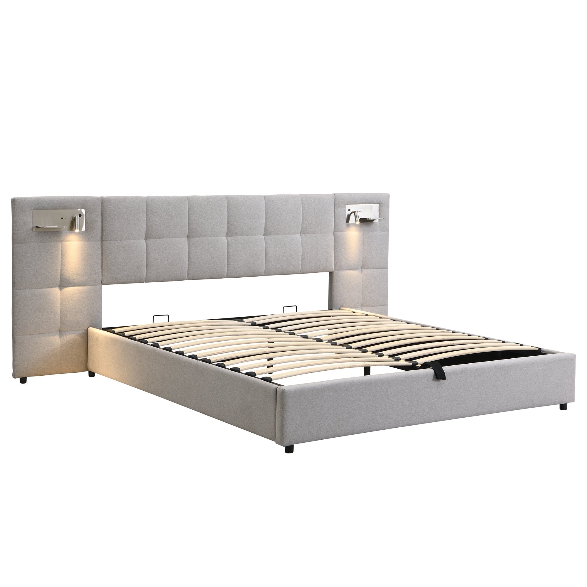 Upholstered Bed with Hydraulic Storage, USB Charging & LED Headboard, Grey