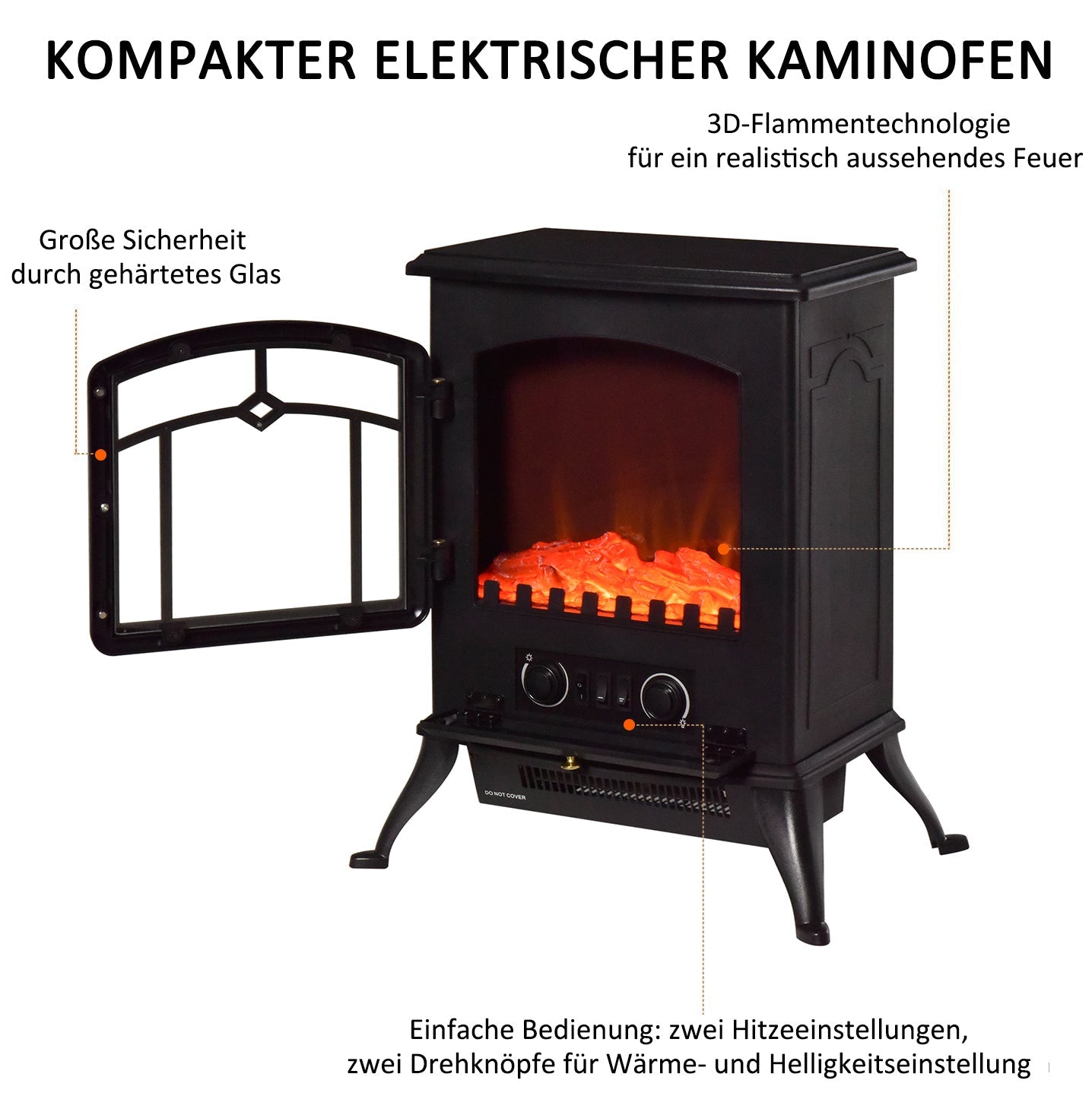 Electric Fireplace, Flame Effect 1000/2000W Overheat Protection, Black