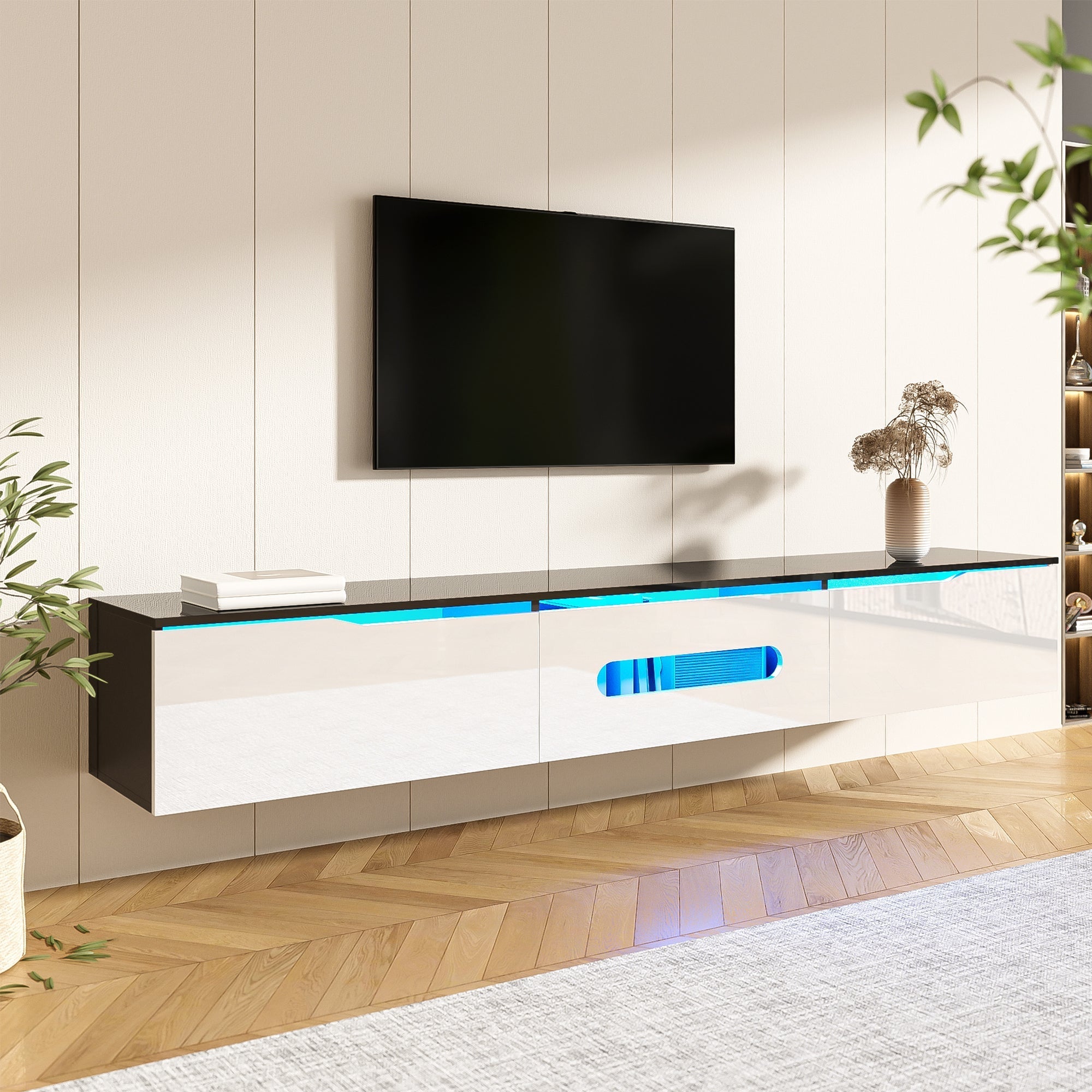Black and White TV Cabinet, 180cm Long LED High-Gloss, Wall-Mountable