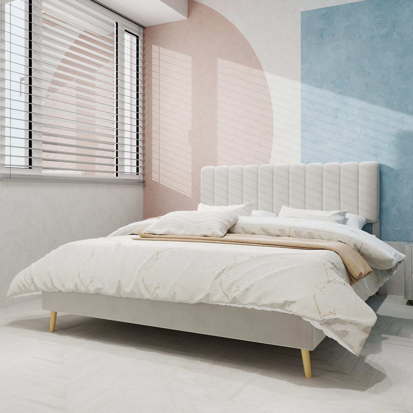 Upholstered Bed, Modern Minimalist Plush Headboard, 160x200cm, Beige