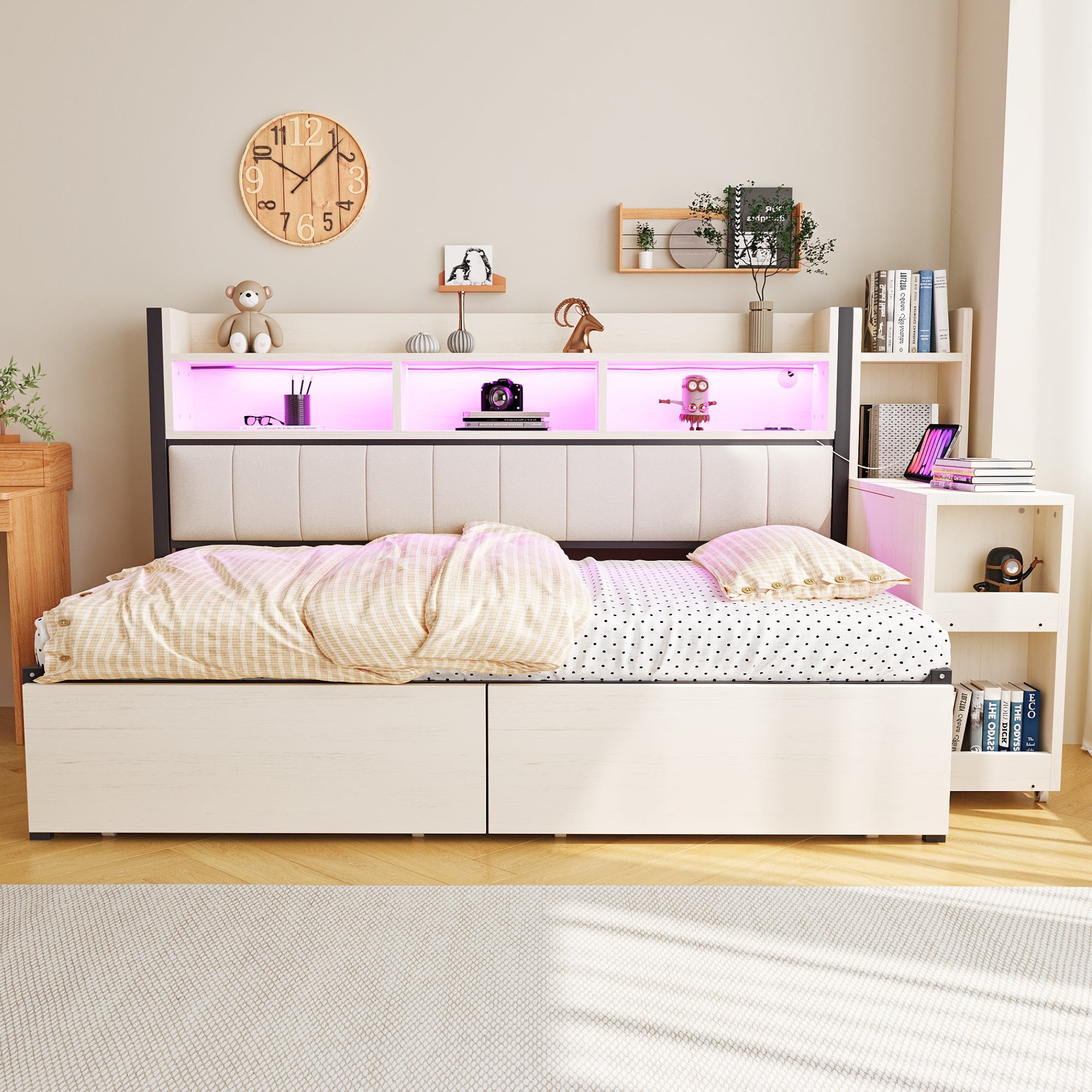 Iron Sofa Bed 90x200cm Storage Drawers Desk LED White