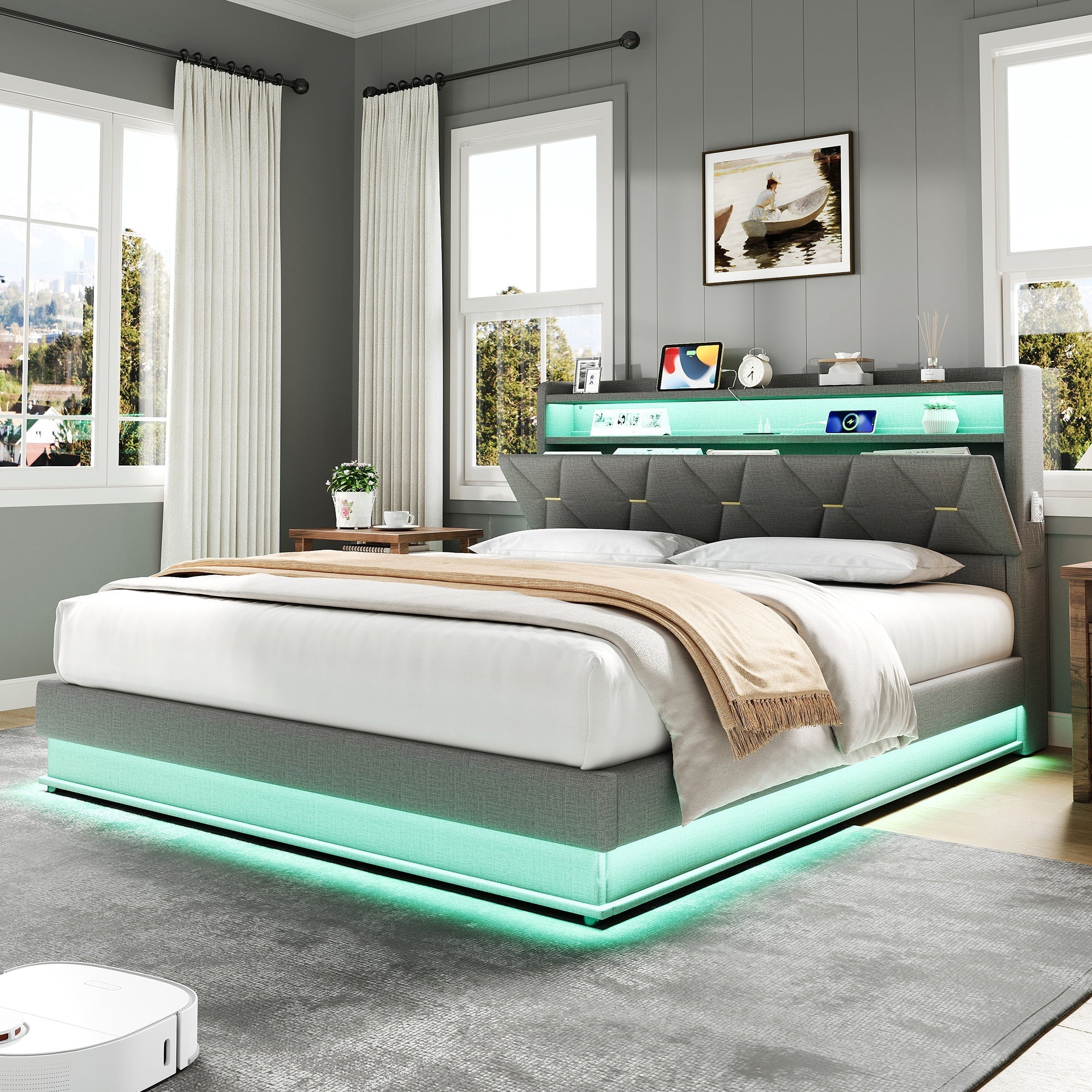 5ft King Upholstered Bed Frame with Hydraulic Storage, LED Headboard, Charging Station, USB/Type-C Ports, Linen Grey
