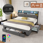 4ft6 Double Upholstered Bed, 3 Storage Drawers LED Headboard Charging Station, Linen Grey