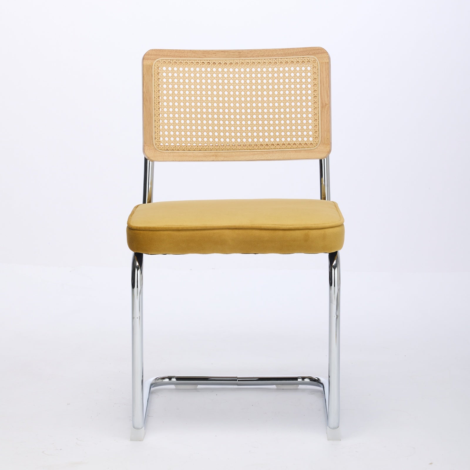 Mid Century Modern Dining Chairs Set of 2 - Velvet Cane Back Chrome Base - Golden Color