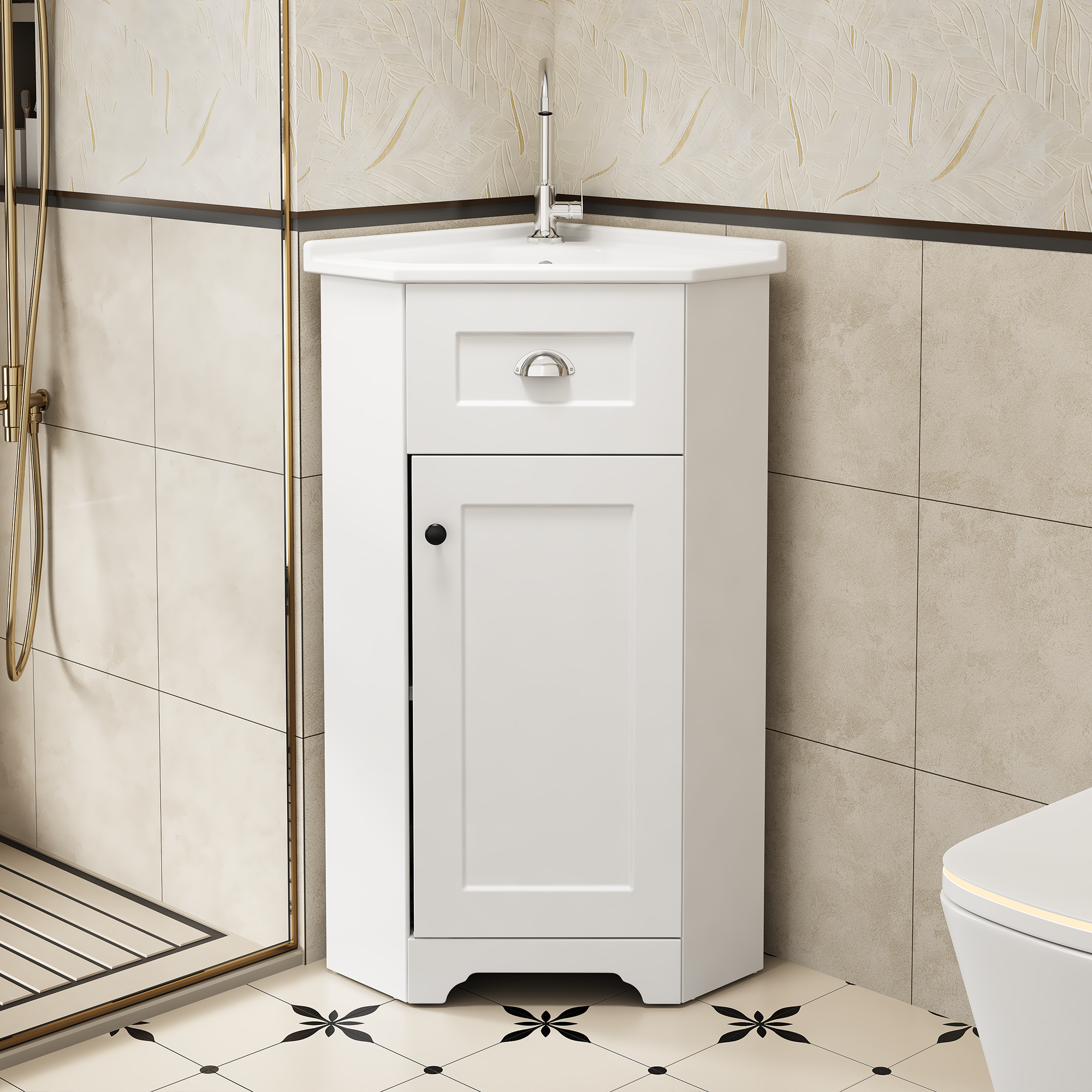 Bathroom Cabinet with Single Ceramic Sink and Waterproof MDF Body, White