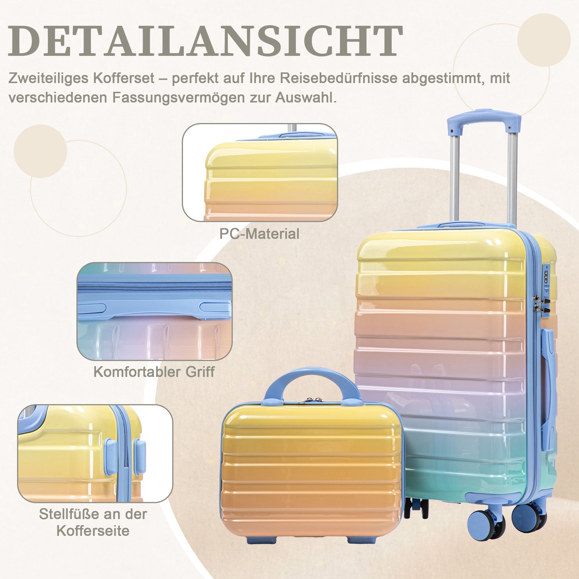 PC Spinner Luggage Set 14"/20" 2-Piece with Lock & Cosmetic Bag - Yellow