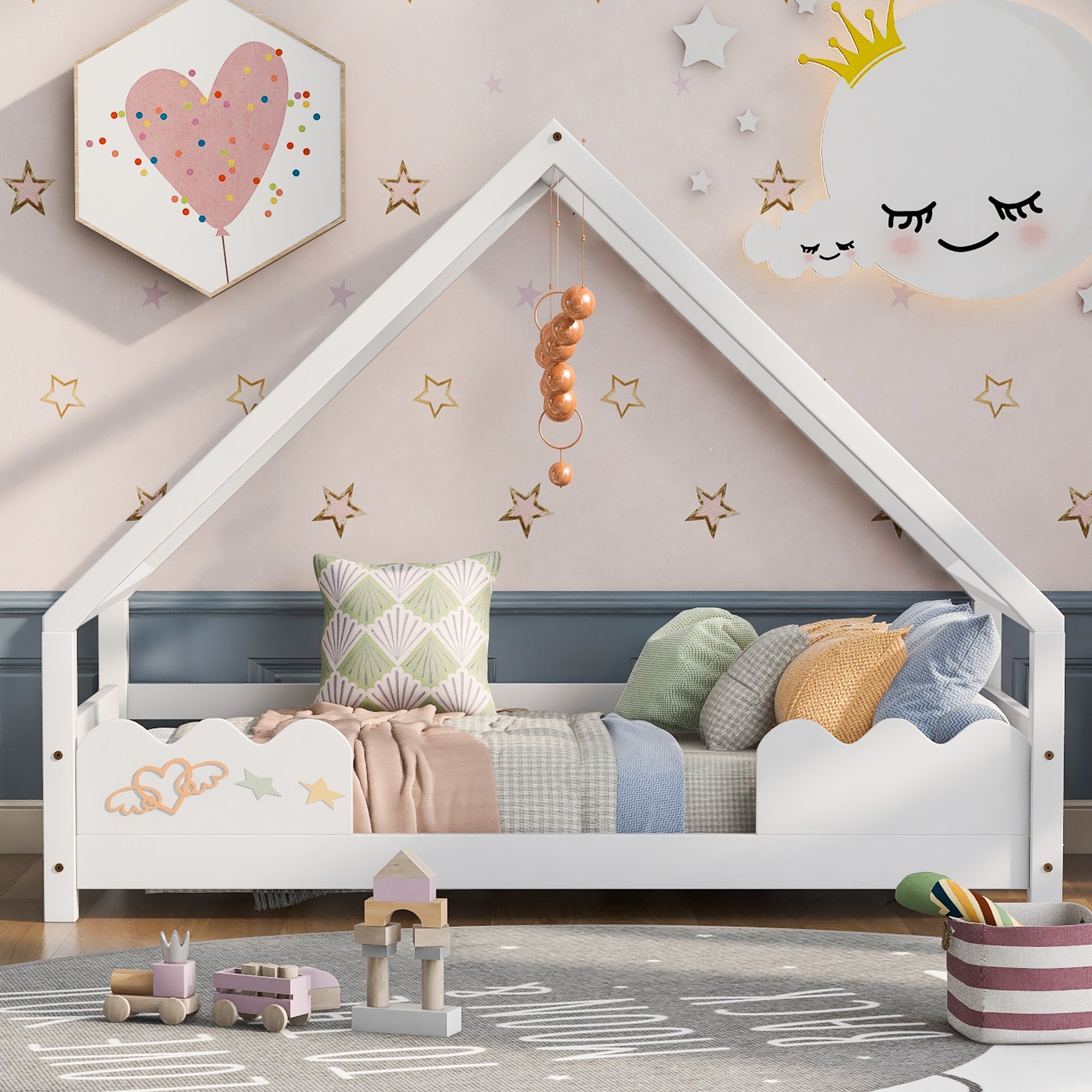 Children's House Bed 90x200cm with Fall Protection, Solid Pine Wood, White