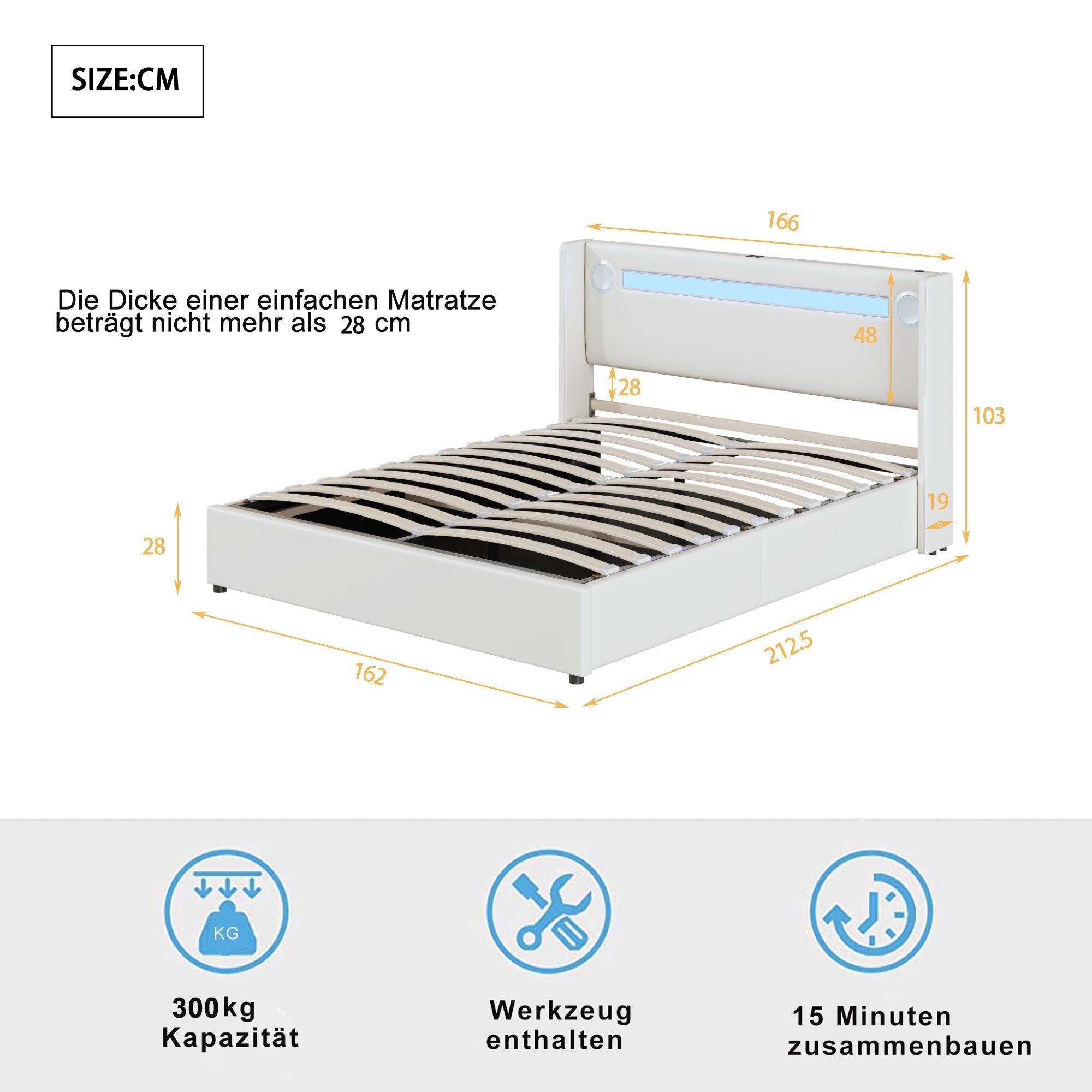 Upholstered Bed 160x200 with LED, Bluetooth, USB, Storage, PU Leather White