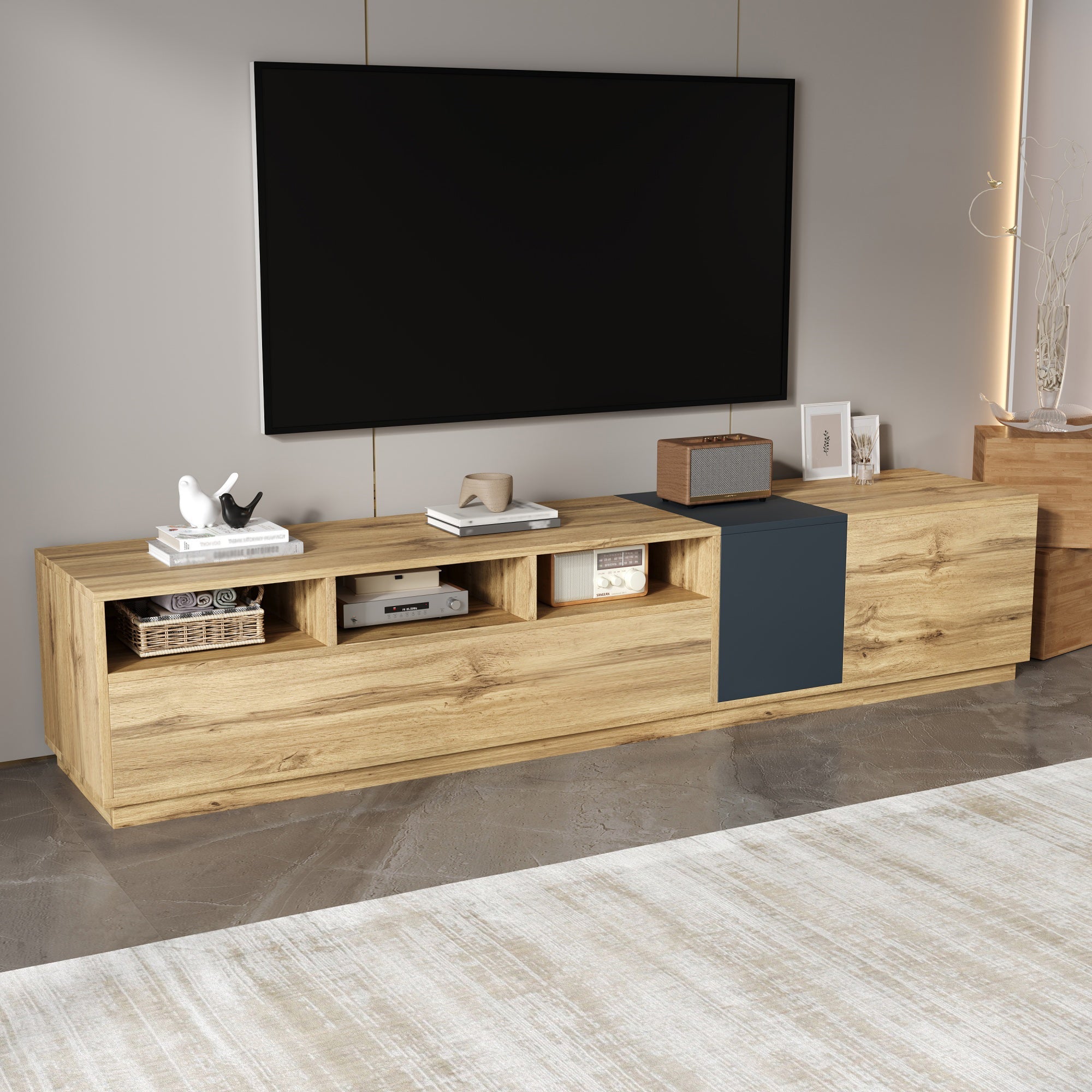 TV Stand, Modern Contrasting, 200cm, Black-Gray and Wood
