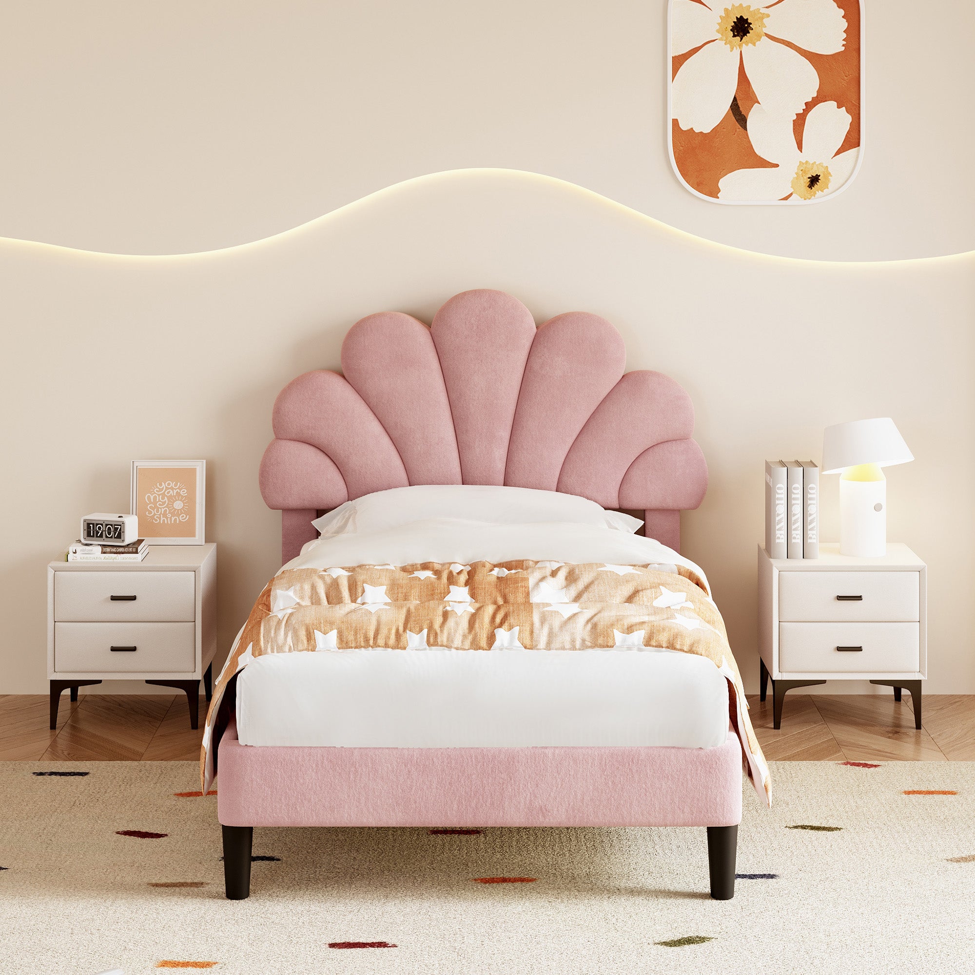 3ft Single Upholstered Velvet Bed Frame, Adjustable Chic Petal Headboard, Pink