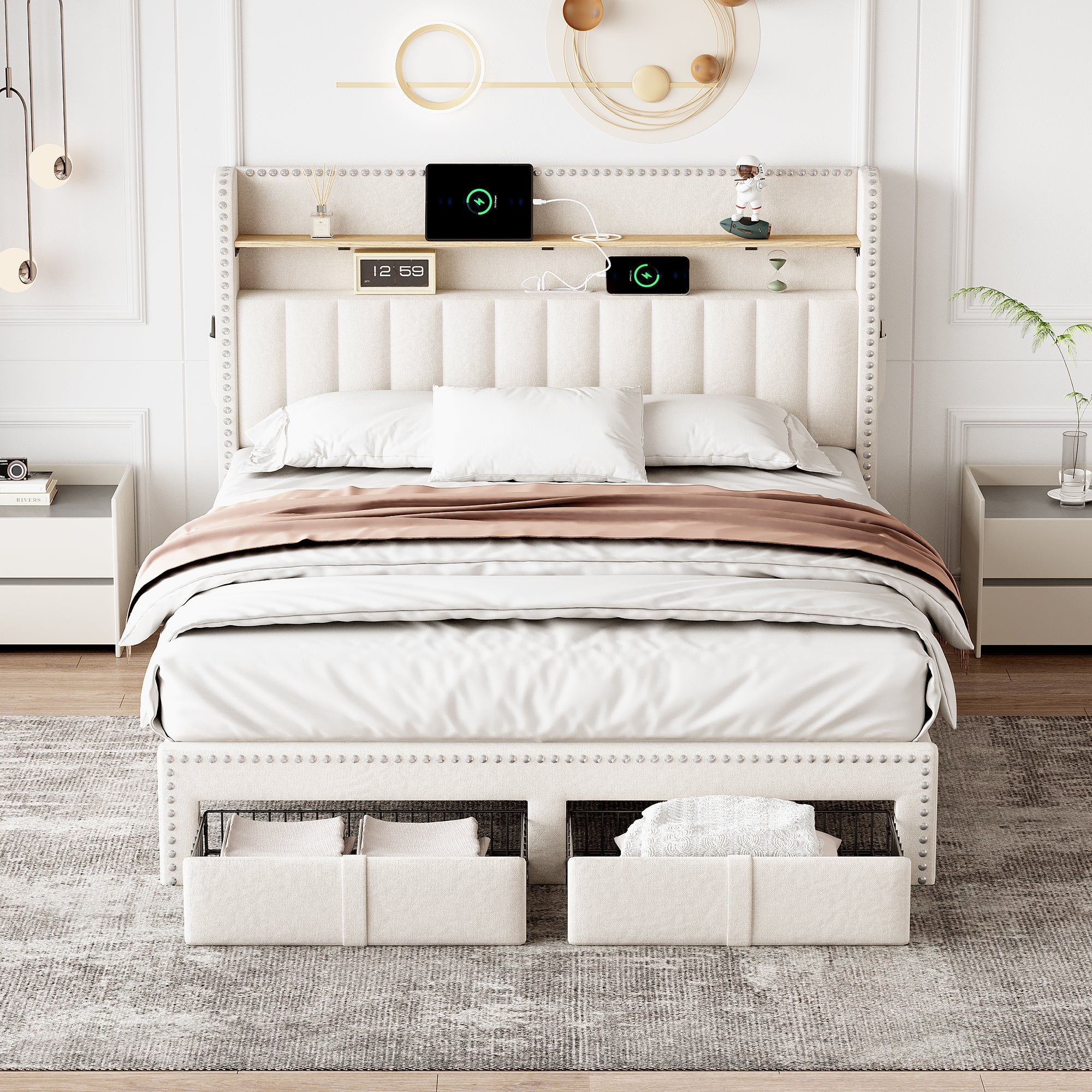 4ft6 Double Upholstered Storage Bed with Charging & Lighting, Linen, Beige