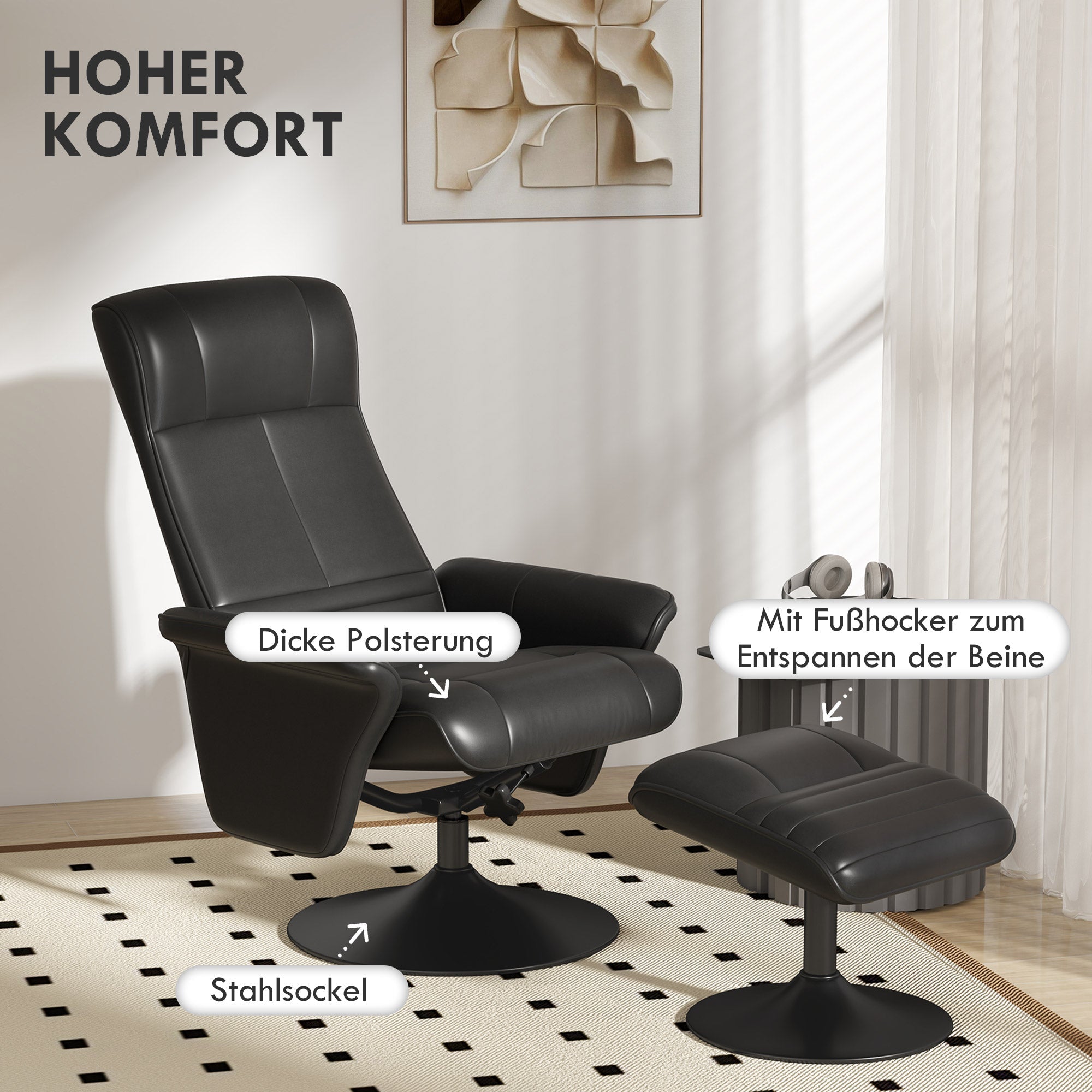 Fernsehsessel mit Fußhocker, drehbar, 150 kg belastbar, Mikrofaser, Schwarz