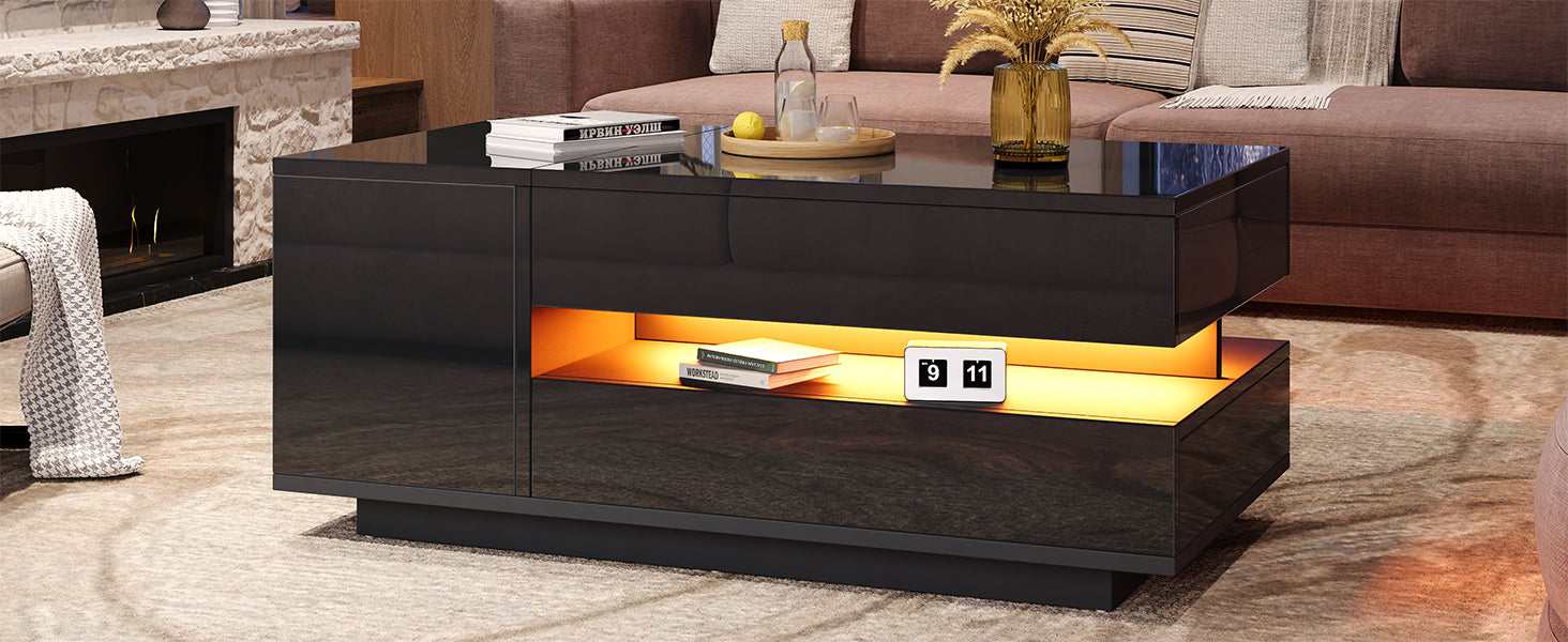 Coffee Table Liftable 95x50x34.5cm, LED, High-Gloss Black