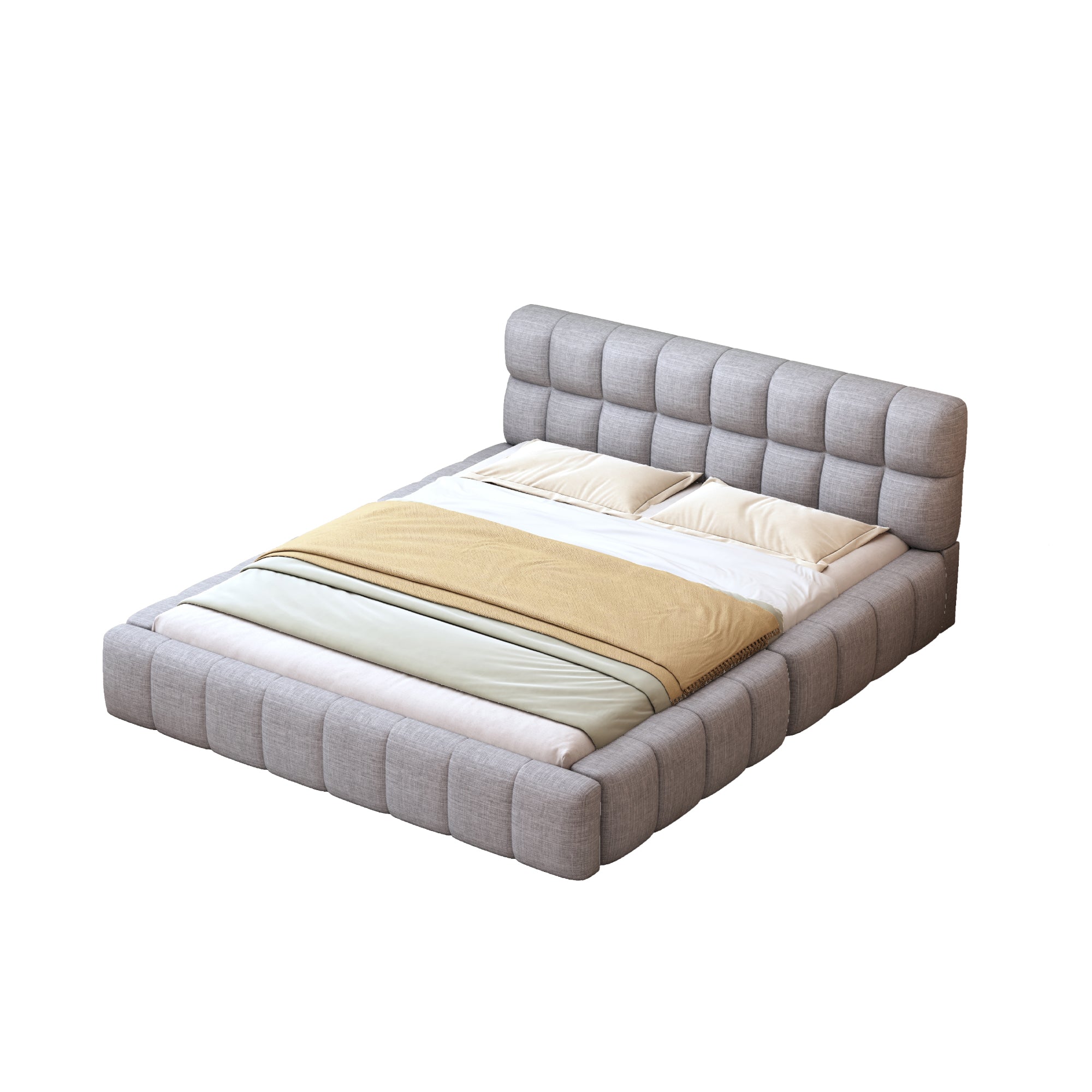 Upholstered Bed 140x200cm Double with Soft Backrest, Linen Grey