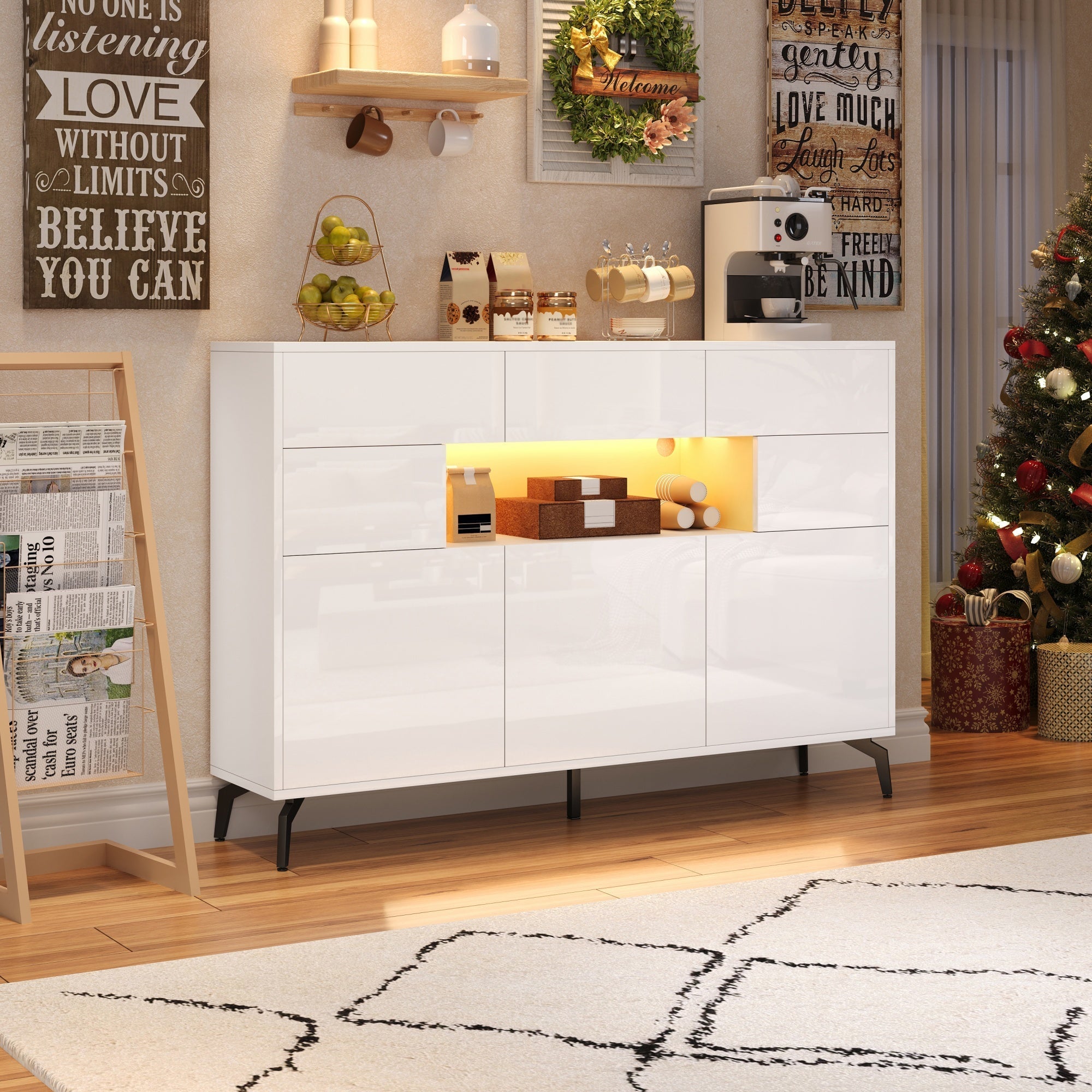 Living Room Sideboard, High-Gloss Storage with LED Light, White MDF