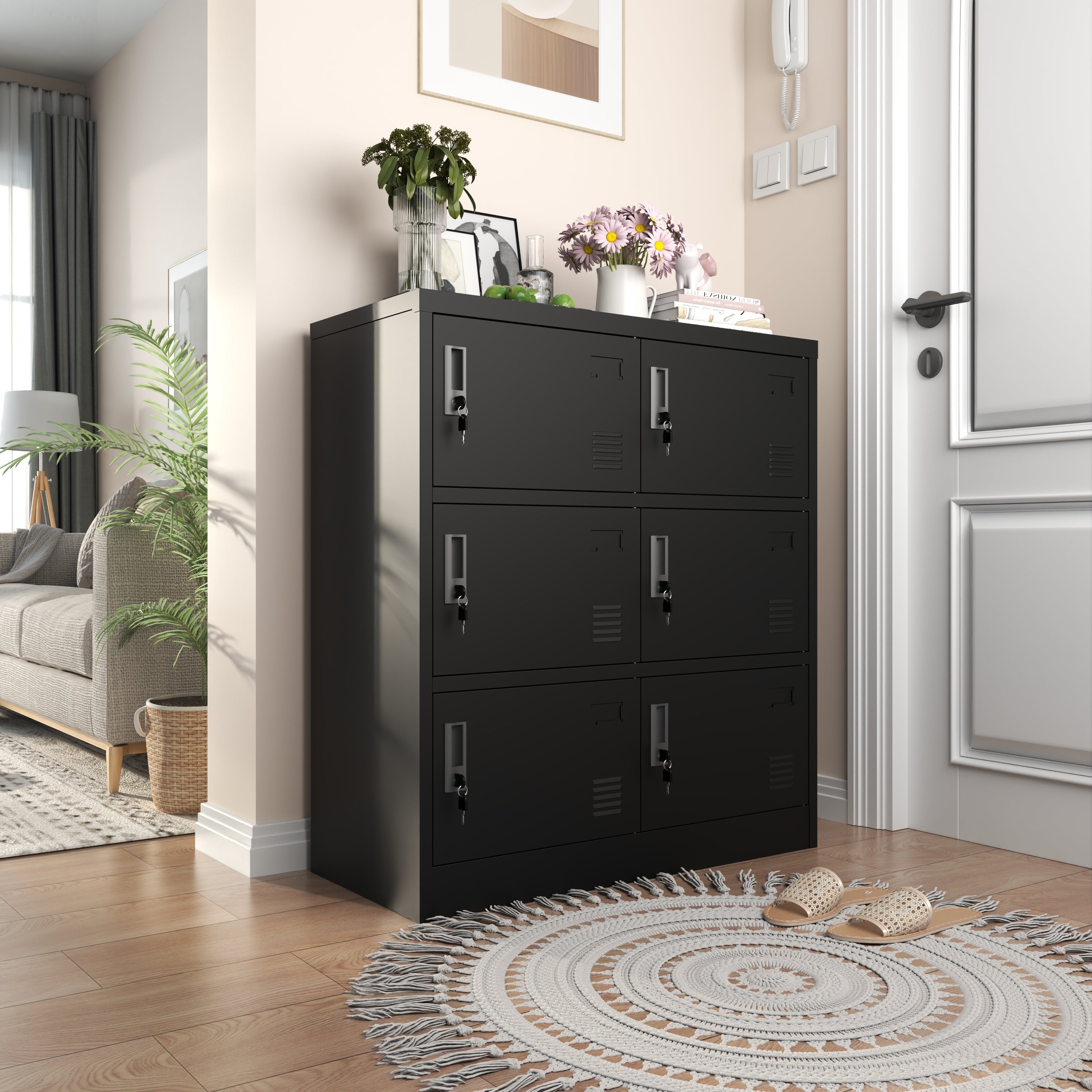 6-Door Metal Cabinet Secure Storage Card Slot 100x90x40 cm - Black