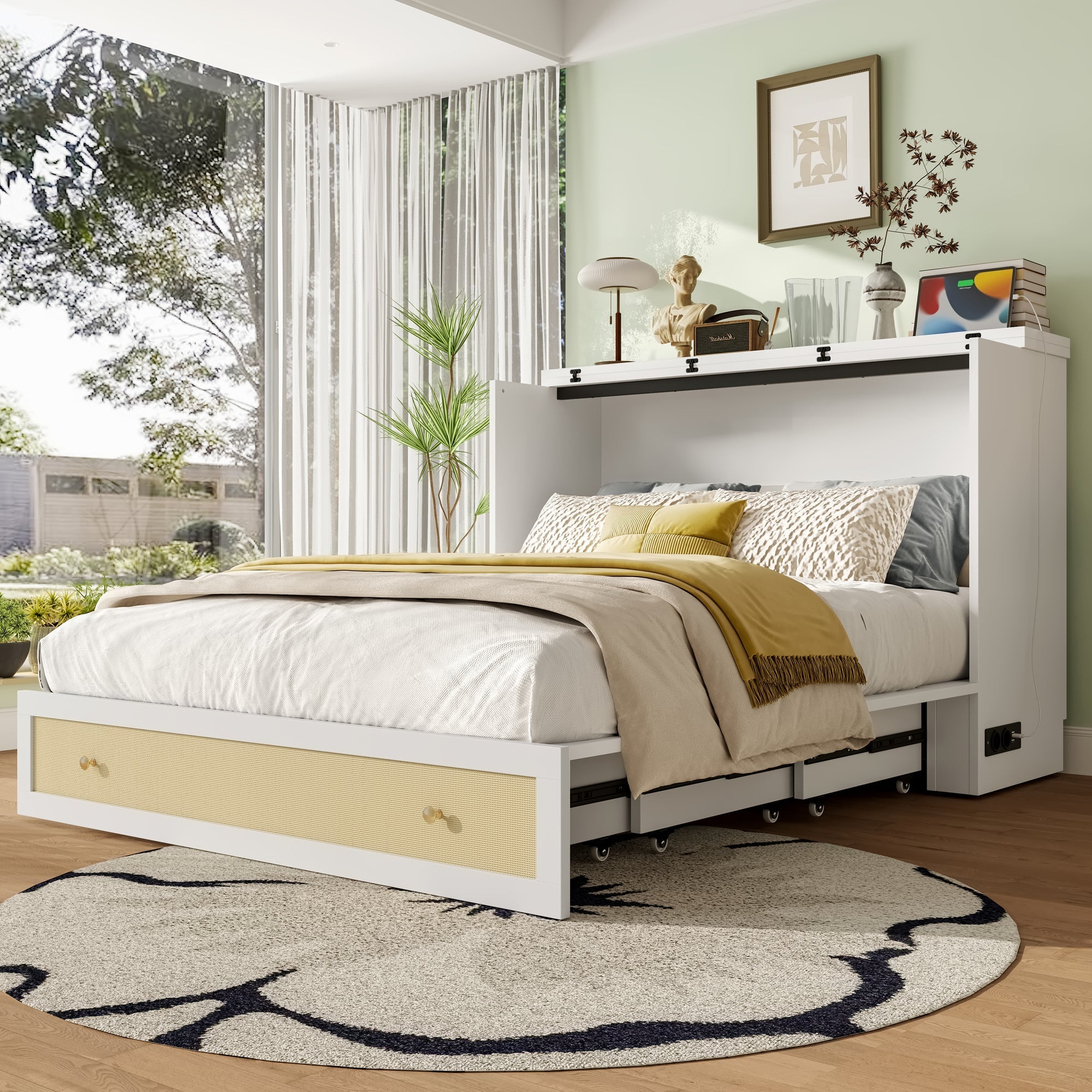 Murphy Bed with USB and Power Outlet, Convertible Platform Bed 140 x 200, White